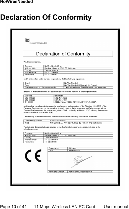 NoWiresNeededPage 10 of 41 11 Mbps Wireless LAN PC Card User manualDeclaration Of Conformity