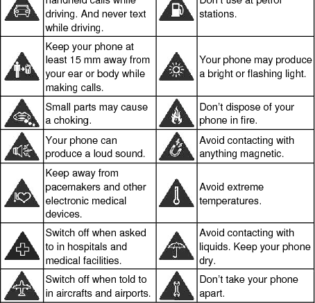 8 For Your Safety General Safety  Don&rsquo;t make or receive handheld calls while driving. And never text while driving. Don&rsquo;t use at petrol stations.  Keep your phone at least 15 mm away from your ear or body while making calls. Your phone may produce a bright or flashing light. Small parts may cause a choking. Don&rsquo;t dispose of your phone in fire.  Your phone can produce a loud sound.Avoid contacting with anything magnetic.  Keep away from pacemakers and other electronic medical devices. Avoid extreme temperatures.  Switch off when asked to in hospitals and medical facilities. Avoid contacting with liquids. Keep your phone dry.  Switch off when told to in aircrafts and airports.Don&rsquo;t take your phone apart. 