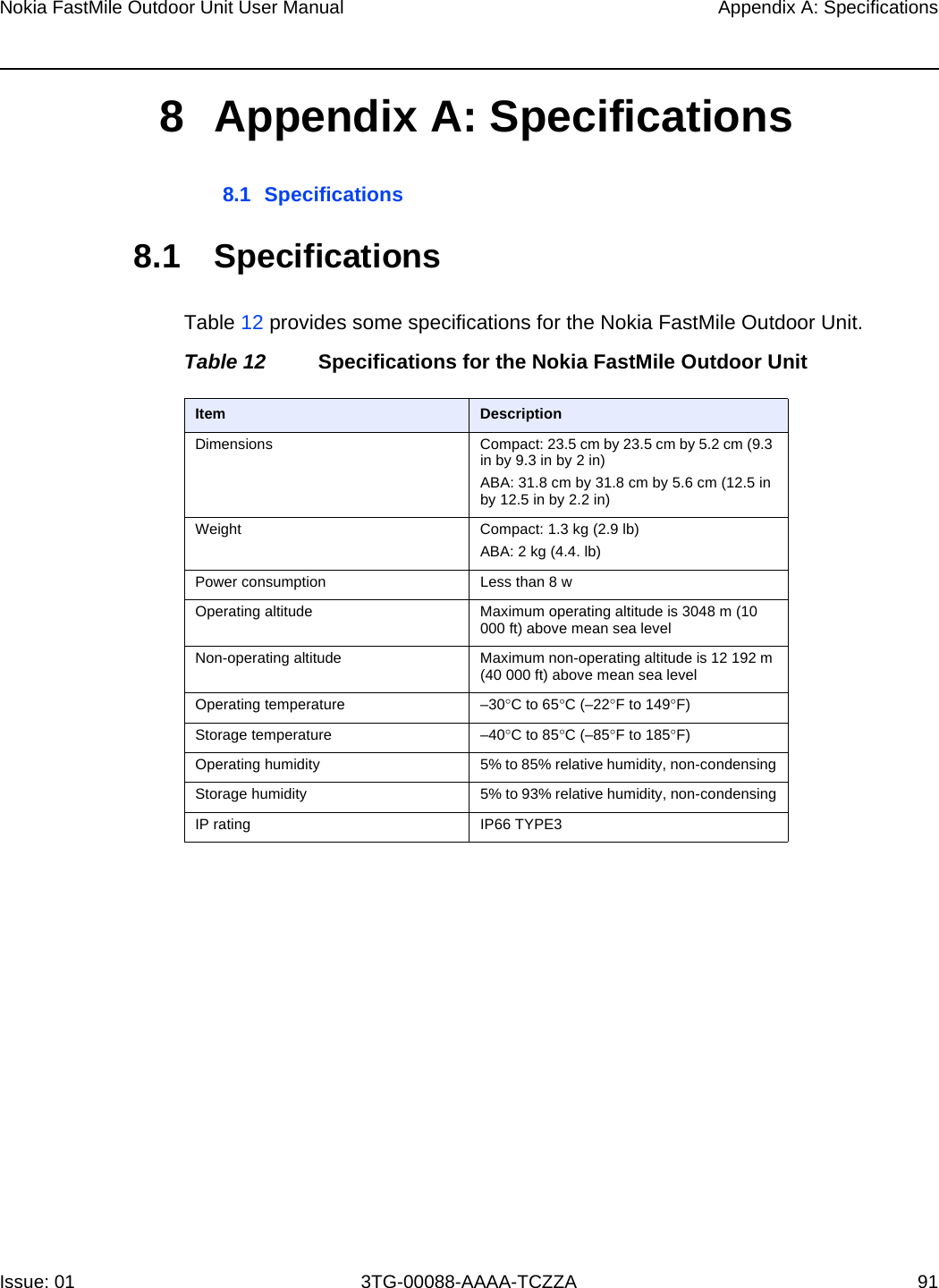 Nokia FastMile Outdoor Unit User Manual Appendix A: SpecificationsIssue: 01 3TG-00088-AAAA-TCZZA 918 Appendix A: Specifications8.1 Specifications8.1 SpecificationsTable 12 provides some specifications for the Nokia FastMile Outdoor Unit.Table 12 Specifications for the Nokia FastMile Outdoor UnitItem DescriptionDimensions Compact: 23.5 cm by 23.5 cm by 5.2 cm (9.3 in by 9.3 in by 2 in)ABA: 31.8 cm by 31.8 cm by 5.6 cm (12.5 in by 12.5 in by 2.2 in)Weight Compact: 1.3 kg (2.9 lb)ABA: 2 kg (4.4. lb)Power consumption Less than 8 wOperating altitude  Maximum operating altitude is 3048 m (10 000 ft) above mean sea levelNon-operating altitude  Maximum non-operating altitude is 12 192 m (40 000 ft) above mean sea levelOperating temperature –30°C to 65°C (–22°F to 149°F)Storage temperature –40°C to 85°C (–85°F to 185°F)Operating humidity  5% to 85% relative humidity, non-condensingStorage humidity  5% to 93% relative humidity, non-condensingIP rating IP66 TYPE3