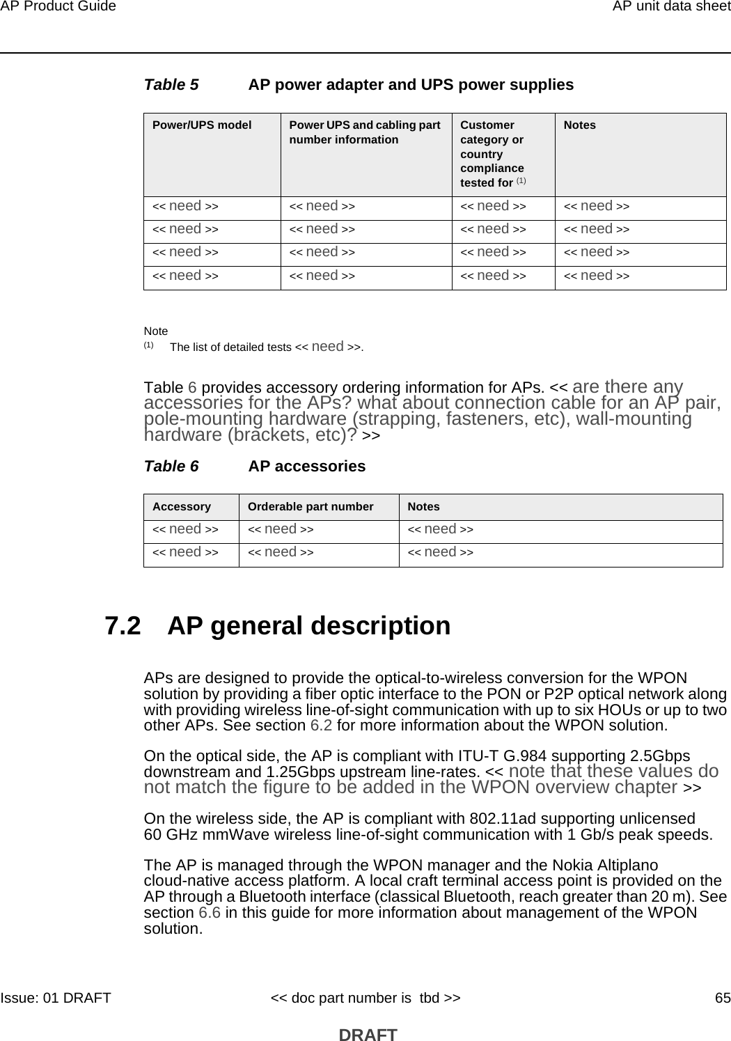 AP Product Guide AP unit data sheetIssue: 01 DRAFT &lt;&lt; doc part number is  tbd &gt;&gt; 65 DRAFTTable 5 AP power adapter and UPS power suppliesNote(1) The list of detailed tests &lt;&lt; need &gt;&gt;.Table 6 provides accessory ordering information for APs. &lt;&lt; are there any accessories for the APs? what about connection cable for an AP pair, pole-mounting hardware (strapping, fasteners, etc), wall-mounting hardware (brackets, etc)? &gt;&gt;Table 6 AP accessories7.2 AP general descriptionAPs are designed to provide the optical-to-wireless conversion for the WPON solution by providing a fiber optic interface to the PON or P2P optical network along with providing wireless line-of-sight communication with up to six HOUs or up to two other APs. See section 6.2 for more information about the WPON solution.On the optical side, the AP is compliant with ITU-T G.984 supporting 2.5Gbps downstream and 1.25Gbps upstream line-rates. &lt;&lt; note that these values do not match the figure to be added in the WPON overview chapter &gt;&gt;On the wireless side, the AP is compliant with 802.11ad supporting unlicensed 60 GHz mmWave wireless line-of-sight communication with 1 Gb/s peak speeds.The AP is managed through the WPON manager and the Nokia Altiplano cloud-native access platform. A local craft terminal access point is provided on the AP through a Bluetooth interface (classical Bluetooth, reach greater than 20 m). See section 6.6 in this guide for more information about management of the WPON solution. Power/UPS model  Power UPS and cabling part number information Customer category or country compliance tested for (1)Notes&lt;&lt; need &gt;&gt; &lt;&lt; need &gt;&gt; &lt;&lt; need &gt;&gt; &lt;&lt; need &gt;&gt;&lt;&lt; need &gt;&gt; &lt;&lt; need &gt;&gt; &lt;&lt; need &gt;&gt; &lt;&lt; need &gt;&gt;&lt;&lt; need &gt;&gt; &lt;&lt; need &gt;&gt; &lt;&lt; need &gt;&gt; &lt;&lt; need &gt;&gt;&lt;&lt; need &gt;&gt; &lt;&lt; need &gt;&gt; &lt;&lt; need &gt;&gt; &lt;&lt; need &gt;&gt;Accessory Orderable part number Notes&lt;&lt; need &gt;&gt; &lt;&lt; need &gt;&gt; &lt;&lt; need &gt;&gt;&lt;&lt; need &gt;&gt; &lt;&lt; need &gt;&gt; &lt;&lt; need &gt;&gt;