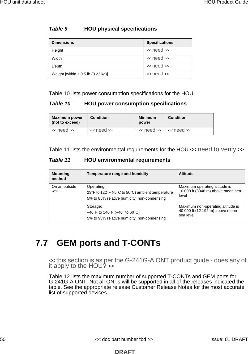 HOU unit data sheet50HOU Product Guide&lt;&lt; doc part number tbd &gt;&gt; Issue: 01 DRAFT DRAFTTable 9 HOU physical specificationsTable 10 lists power consumption specifications for the HOU. Table 10 HOU power consumption specificationsTable 11 lists the environmental requirements for the HOU.&lt;&lt; need to verify &gt;&gt;Table 11 HOU environmental requirements7.7 GEM ports and T-CONTs&lt;&lt; this section is as per the G-241G-A ONT product guide - does any of it apply to the HOU? &gt;&gt;Table 12 lists the maximum number of supported T-CONTs and GEM ports for G-241G-A ONT. Not all ONTs will be supported in all of the releases indicated the table. See the appropriate release Customer Release Notes for the most accurate list of supported devices.Dimensions SpecificationsHeight &lt;&lt; need &gt;&gt;Width &lt;&lt; need &gt;&gt;Depth &lt;&lt; need &gt;&gt;Weight [within  0.5 lb (0.23 kg)] &lt;&lt; need &gt;&gt;Maximum power (not to exceed) Condition Minimum power Condition&lt;&lt; need &gt;&gt; &lt;&lt; need &gt;&gt; &lt;&lt; need &gt;&gt; &lt;&lt; need &gt;&gt;Mounting method Temperature range and humidity AltitudeOn an outside wall Operating:23F to 122F (-5C to 50C) ambient temperature5% to 85% relative humidity, non-condensingMaximum operating altitude is 10 000 ft (3048 m) above mean sea levelStorage:–40F to 140F (–40 to 60C) 5% to 93% relative humidity, non-condensingMaximum non-operating altitude is 40 000 ft (12 192 m) above mean sea level 