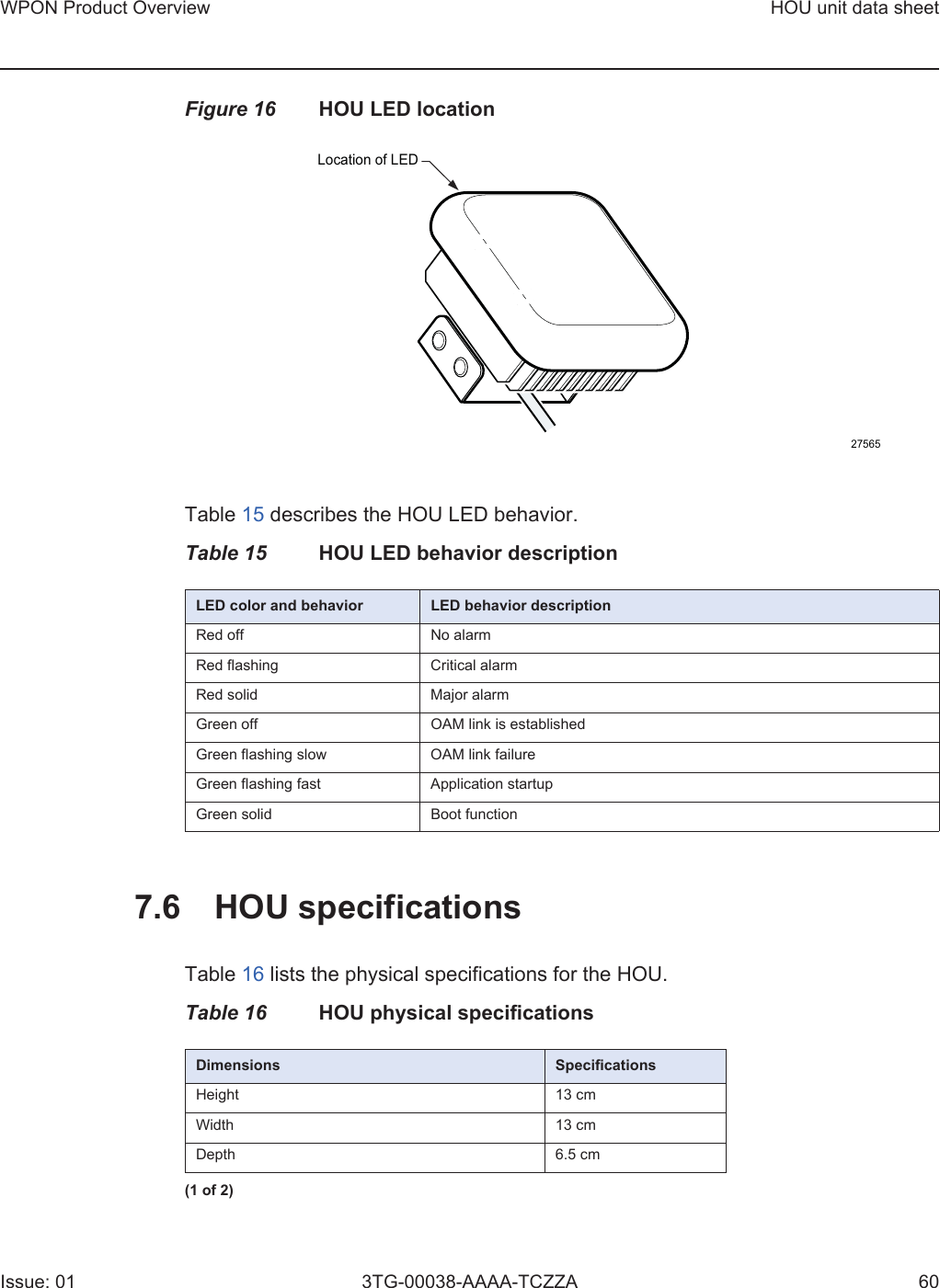 WPON Product Overview HOU unit data sheetIssue: 01 3TG-00038-AAAA-TCZZA 60Figure 16 HOU LED locationTable 15 describes the HOU LED behavior. Table 15 HOU LED behavior description7.6 HOU specificationsTable 16 lists the physical specifications for the HOU. Table 16 HOU physical specificationsLED color and behavior LED behavior descriptionRed off No alarm Red flashing Critical alarmRed solid Major alarmGreen off OAM link is established Green flashing slow OAM link failureGreen flashing fast Application startup Green solid Boot function27565Location of LEDDimensions SpecificationsHeight 13 cmWidth 13 cmDepth 6.5 cm(1 of 2)