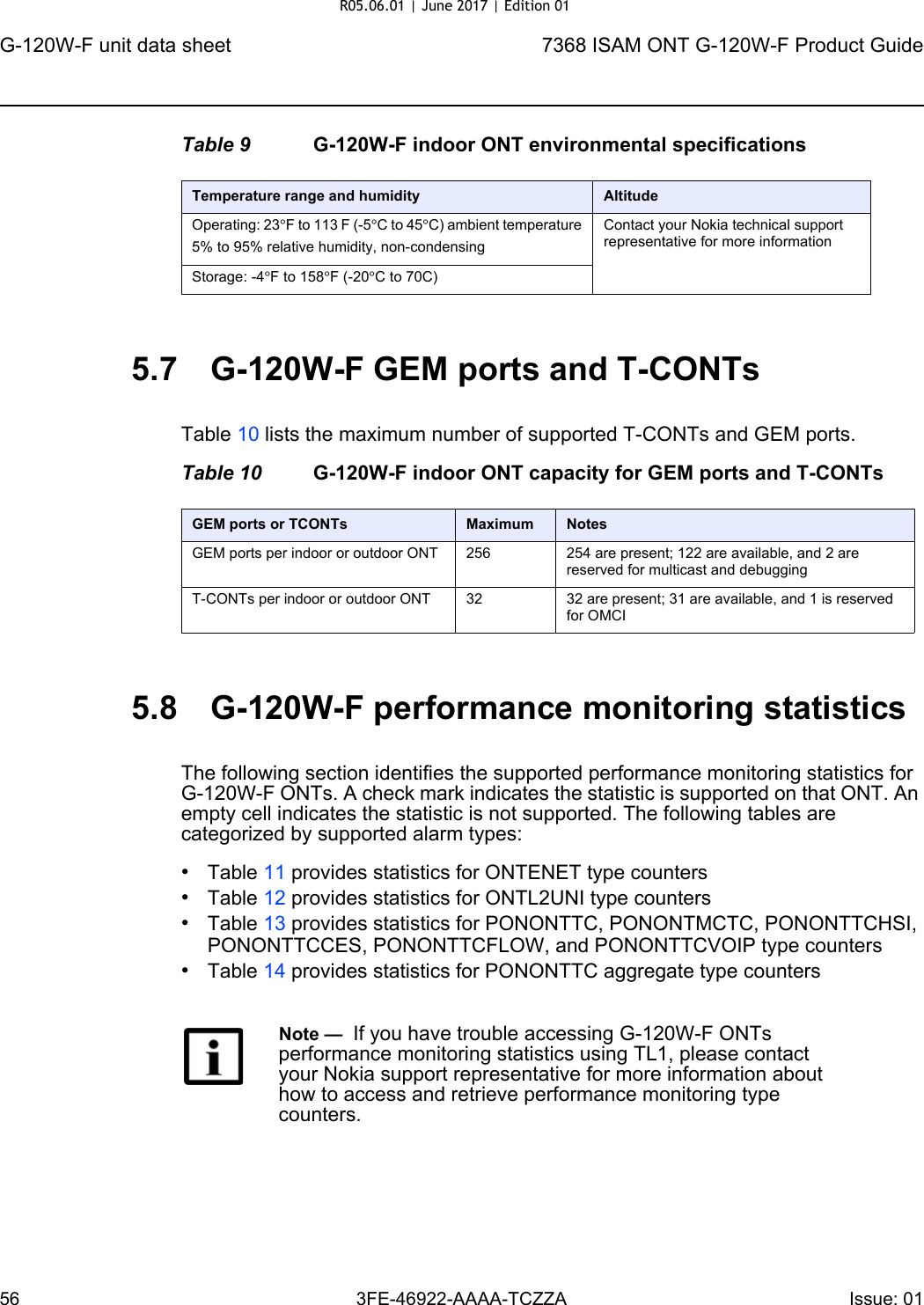 G-120W-F unit data sheet567368 ISAM ONT G-120W-F Product Guide3FE-46922-AAAA-TCZZA Issue: 01 Table 9 G-120W-F indoor ONT environmental specifications5.7 G-120W-F GEM ports and T-CONTsTable 10 lists the maximum number of supported T-CONTs and GEM ports.Table 10 G-120W-F indoor ONT capacity for GEM ports and T-CONTs5.8 G-120W-F performance monitoring statisticsThe following section identifies the supported performance monitoring statistics for G-120W-F ONTs. A check mark indicates the statistic is supported on that ONT. An empty cell indicates the statistic is not supported. The following tables are categorized by supported alarm types:•Table 11 provides statistics for ONTENET type counters•Table 12 provides statistics for ONTL2UNI type counters•Table 13 provides statistics for PONONTTC, PONONTMCTC, PONONTTCHSI, PONONTTCCES, PONONTTCFLOW, and PONONTTCVOIP type counters•Table 14 provides statistics for PONONTTC aggregate type countersTemperature range and humidity AltitudeOperating: 23°F to 113 F (-5°C to 45°C) ambient temperature5% to 95% relative humidity, non-condensingContact your Nokia technical support representative for more informationStorage: -4°F to 158°F (-20°C to 70C)GEM ports or TCONTs Maximum NotesGEM ports per indoor or outdoor ONT 256 254 are present; 122 are available, and 2 are reserved for multicast and debuggingT-CONTs per indoor or outdoor ONT 32 32 are present; 31 are available, and 1 is reserved for OMCINote —  If you have trouble accessing G-120W-F ONTs performance monitoring statistics using TL1, please contact your Nokia support representative for more information about how to access and retrieve performance monitoring type counters.R05.06.01 | June 2017 | Edition 01 