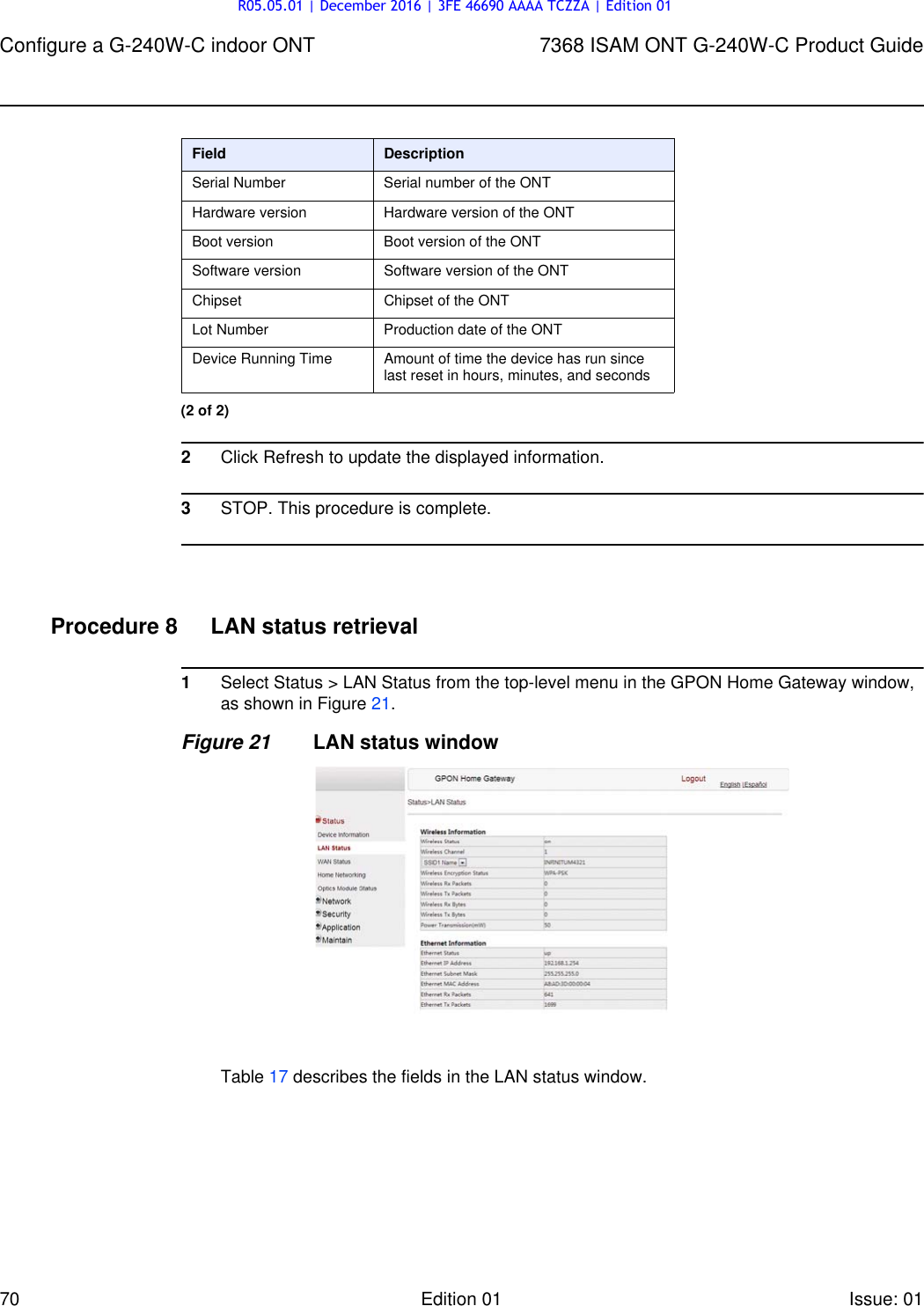 Page 70 of Nokia Bell G240W-C GPON ONU User Manual 7368 ISAM ONT G 240W B Product Guide