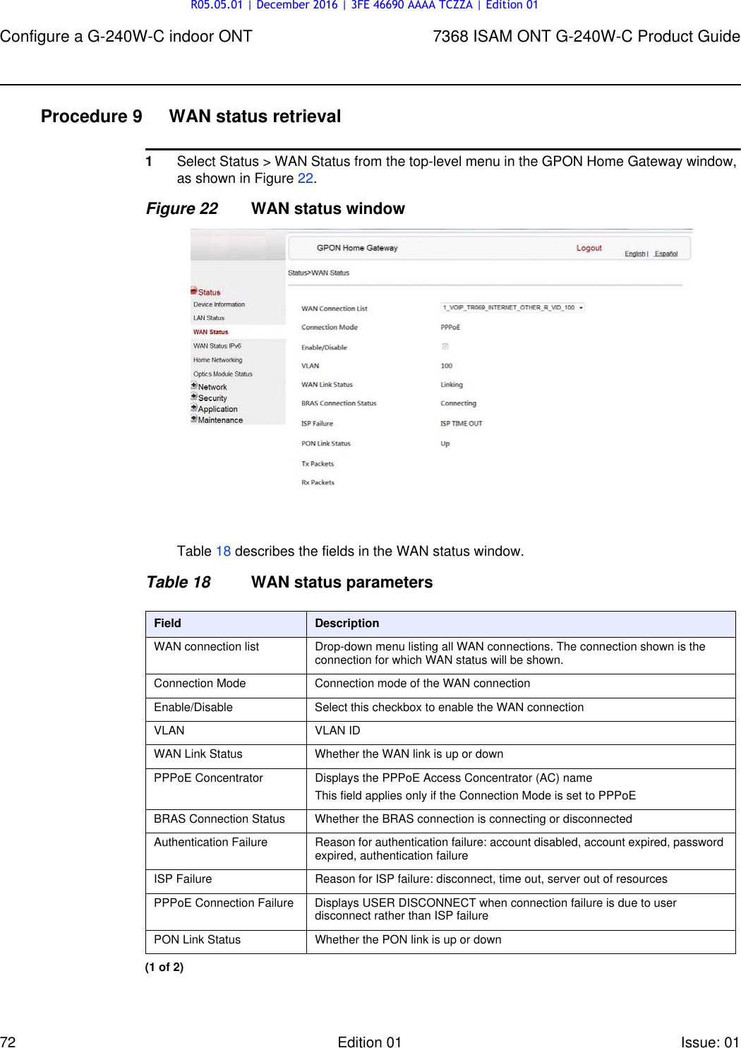 Page 72 of Nokia Bell G240W-C GPON ONU User Manual 7368 ISAM ONT G 240W B Product Guide
