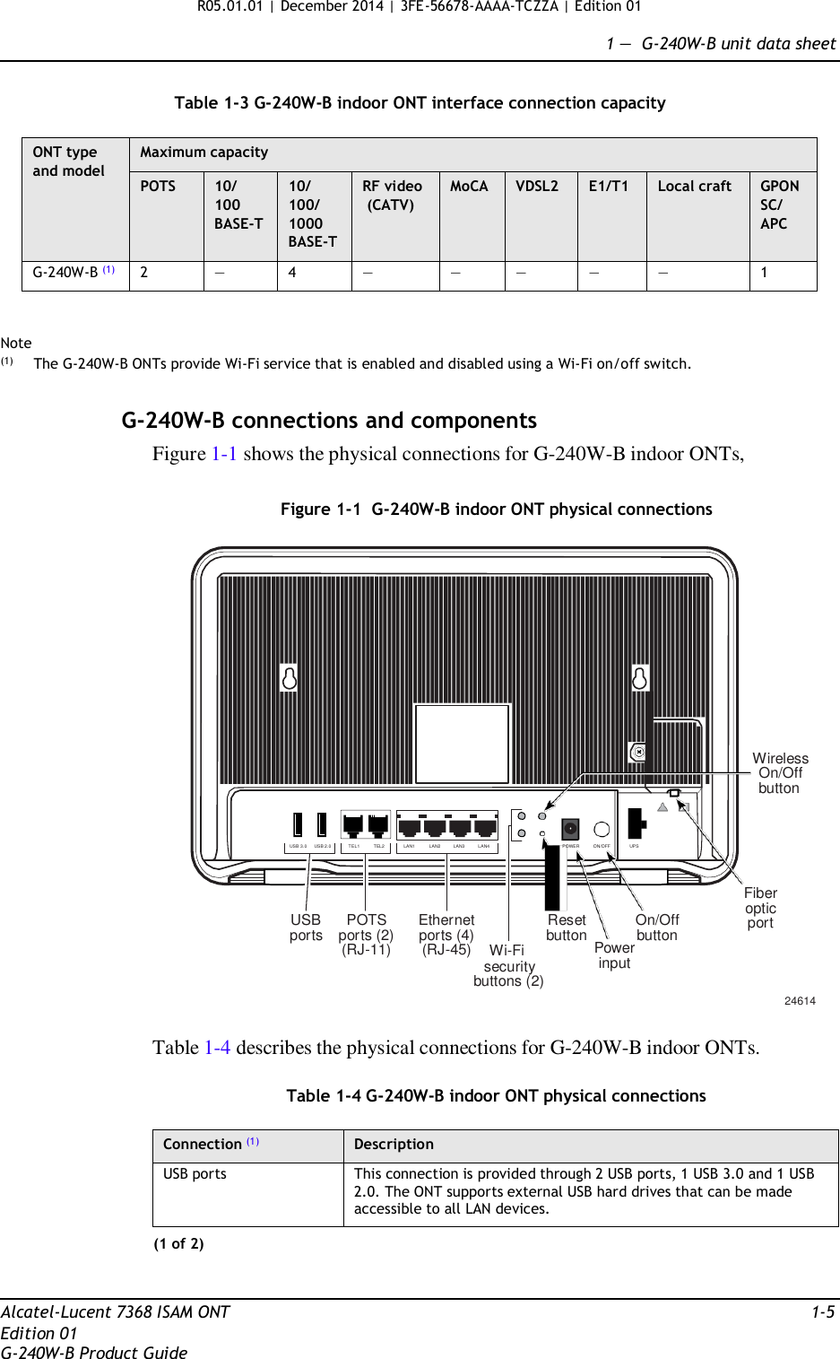 R05.01.01 | December 2014 | 3FE-56678-AAAA-TCZZA | Edition 01  1 —  G-240W-B unit data sheet   Table 1-3 G-240W-B indoor ONT interface connection capacity  ONT type and model Maximum capacity POTS 10/ 100 BASE-T 10/ 100/ 1000 BASE-T RF video (CATV) MoCA VDSL2 E1/T1 Local craft GPON SC/ APC G-240W-B (1) 2 — 4 — — — — — 1   Note (1)   The G-240W-B ONTs provide Wi-Fi service that is enabled and disabled using a Wi-Fi on/off switch.   G-240W-B connections and components Figure 1-1 shows the physical connections for G-240W-B indoor ONTs,   Figure 1-1  G-240W-B indoor ONT physical connections             Wireless On/Off button   USB 3.0     USB 2.0             TEL1           TEL2  LAN1           LAN2          LAN3          LAN4  POWER           ON/OFF  UPS     USB ports   POTS ports (2) (RJ-11)   Ethernet ports (4) (RJ-45) Wi-Fi security buttons (2)   Reset button    Power input   On/Off button Fiber optic port       24614  Table 1-4 describes the physical connections for G-240W-B indoor ONTs.  Table 1-4 G-240W-B indoor ONT physical connections  Connection (1) Description USB ports This connection is provided through 2 USB ports, 1 USB 3.0 and 1 USB 2.0. The ONT supports external USB hard drives that can be made accessible to all LAN devices. (1 of 2)    Alcatel-Lucent 7368 ISAM ONT  1-5 Edition 01 G-240W-B Product Guide 
