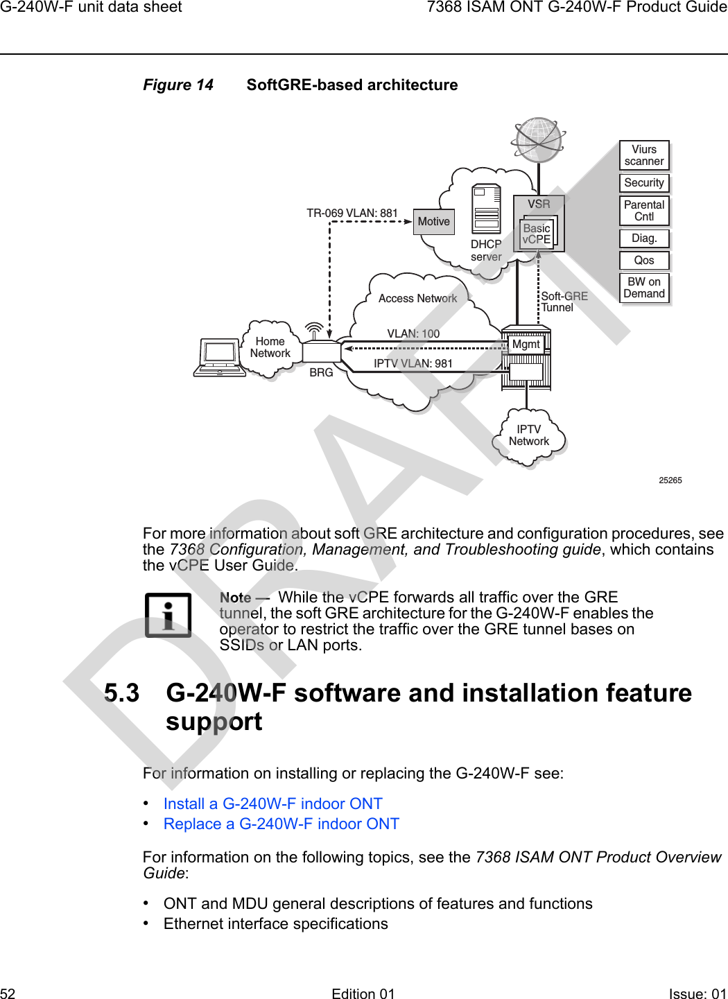 G-240W-F unit data sheet527368 ISAM ONT G-240W-F Product GuideEdition 01 Issue: 01 Figure 14 SoftGRE-based architectureFor more information about soft GRE architecture and configuration procedures, see the 7368 Configuration, Management, and Troubleshooting guide, which contains the vCPE User Guide. 5.3 G-240W-F software and installation feature supportFor information on installing or replacing the G-240W-F see:•Install a G-240W-F indoor ONT•Replace a G-240W-F indoor ONTFor information on the following topics, see the 7368 ISAM ONT Product Overview Guide:•ONT and MDU general descriptions of features and functions•Ethernet interface specificationsNote —  While the vCPE forwards all traffic over the GRE tunnel, the soft GRE architecture for the G-240W-F enables the operator to restrict the traffic over the GRE tunnel bases on SSIDs or LAN ports.DHCPserverMotiveAccess NetworkSecurityDiag.QosViursscannerParentalCntlBW onDemandBasicvCPEVSRHomeNetworkVLAN: 100Soft-GRETunnelTR-069 VLAN: 881IPTV VLAN: 981MgmtIPTVNetworkBRG25265DRAFT