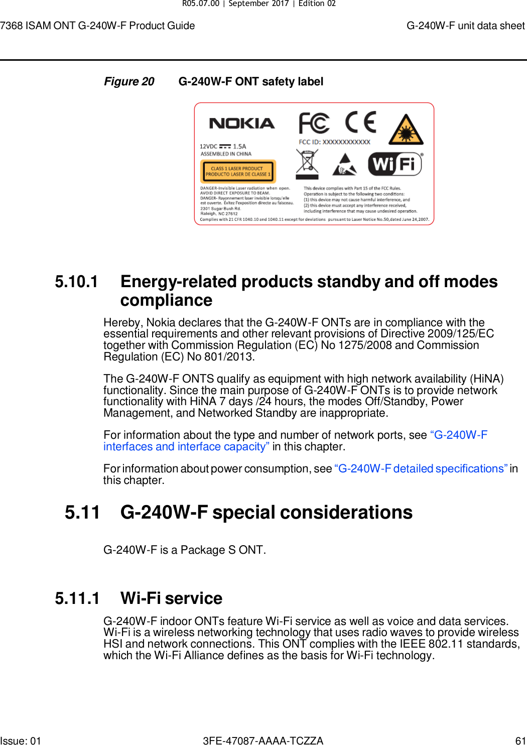 Page 58 of Nokia Bell G240WFV2 7368 ISAM GPON ONU User Manual 7368 ISAM ONT G 240W F Product Guide