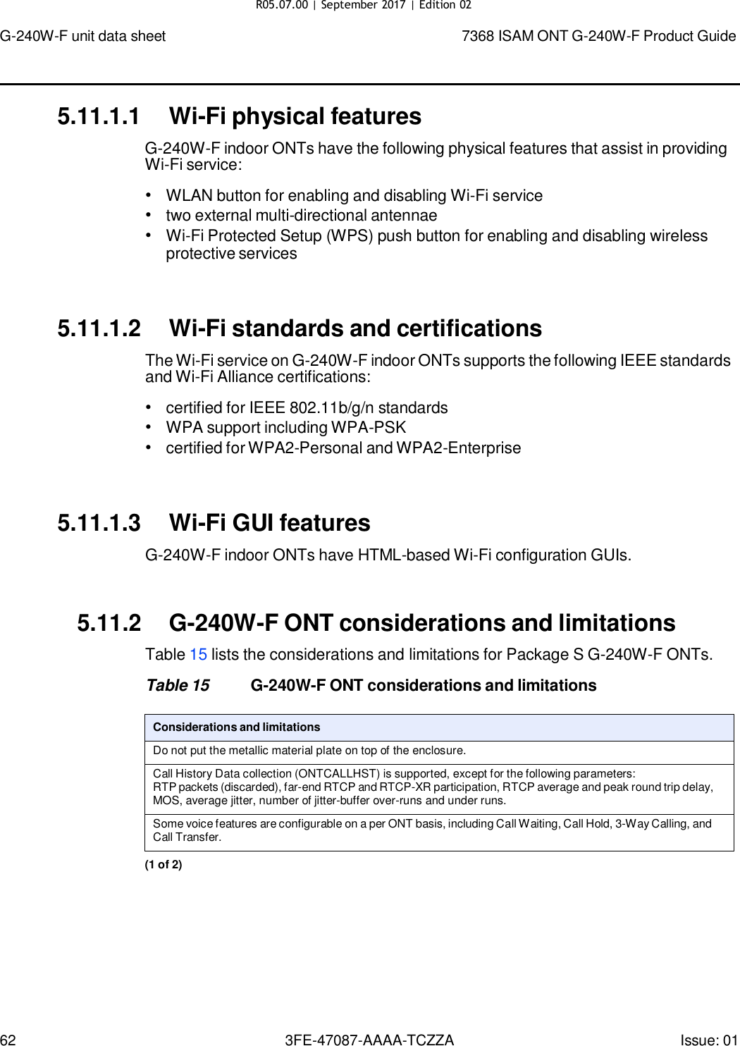 Page 59 of Nokia Bell G240WFV2 7368 ISAM GPON ONU User Manual 7368 ISAM ONT G 240W F Product Guide
