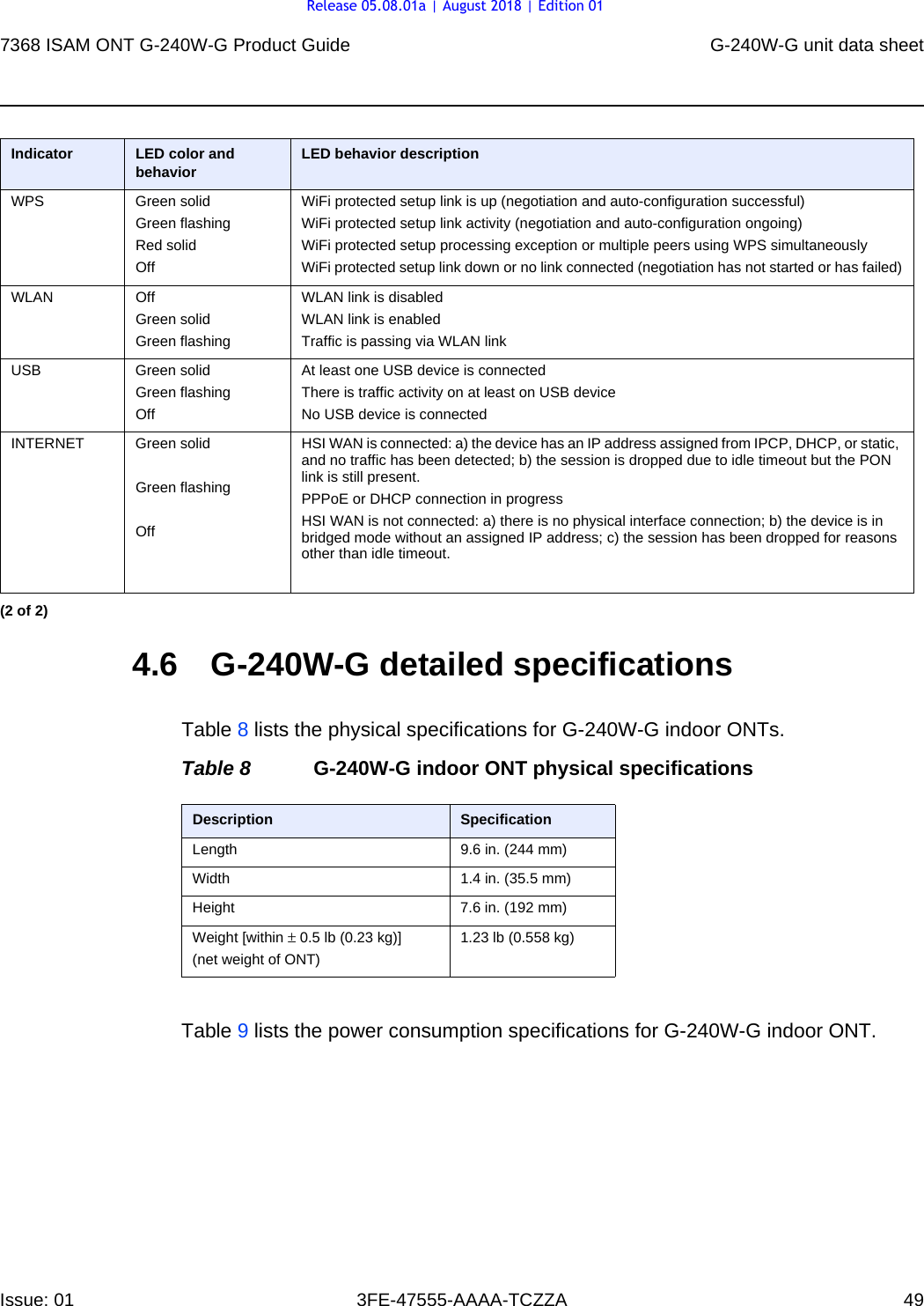 7368 ISAM ONT G-240W-G Product Guide G-240W-G unit data sheetIssue: 01 3FE-47555-AAAA-TCZZA 49 4.6 G-240W-G detailed specificationsTable 8 lists the physical specifications for G-240W-G indoor ONTs.Table 8 G-240W-G indoor ONT physical specificationsTable 9 lists the power consumption specifications for G-240W-G indoor ONT.WPS Green solidGreen flashingRed solidOffWiFi protected setup link is up (negotiation and auto-configuration successful)WiFi protected setup link activity (negotiation and auto-configuration ongoing)WiFi protected setup processing exception or multiple peers using WPS simultaneouslyWiFi protected setup link down or no link connected (negotiation has not started or has failed)WLAN OffGreen solidGreen flashingWLAN link is disabledWLAN link is enabledTraffic is passing via WLAN linkUSB Green solidGreen flashingOffAt least one USB device is connectedThere is traffic activity on at least on USB deviceNo USB device is connectedINTERNET Green solid Green flashingOffHSI WAN is connected: a) the device has an IP address assigned from IPCP, DHCP, or static, and no traffic has been detected; b) the session is dropped due to idle timeout but the PON link is still present.PPPoE or DHCP connection in progressHSI WAN is not connected: a) there is no physical interface connection; b) the device is in bridged mode without an assigned IP address; c) the session has been dropped for reasons other than idle timeout.Indicator LED color and behavior LED behavior description(2 of 2)Description SpecificationLength 9.6 in. (244 mm)Width 1.4 in. (35.5 mm)Height 7.6 in. (192 mm)Weight [within ± 0.5 lb (0.23 kg)](net weight of ONT)1.23 lb (0.558 kg)Release 05.08.01a | August 2018 | Edition 01