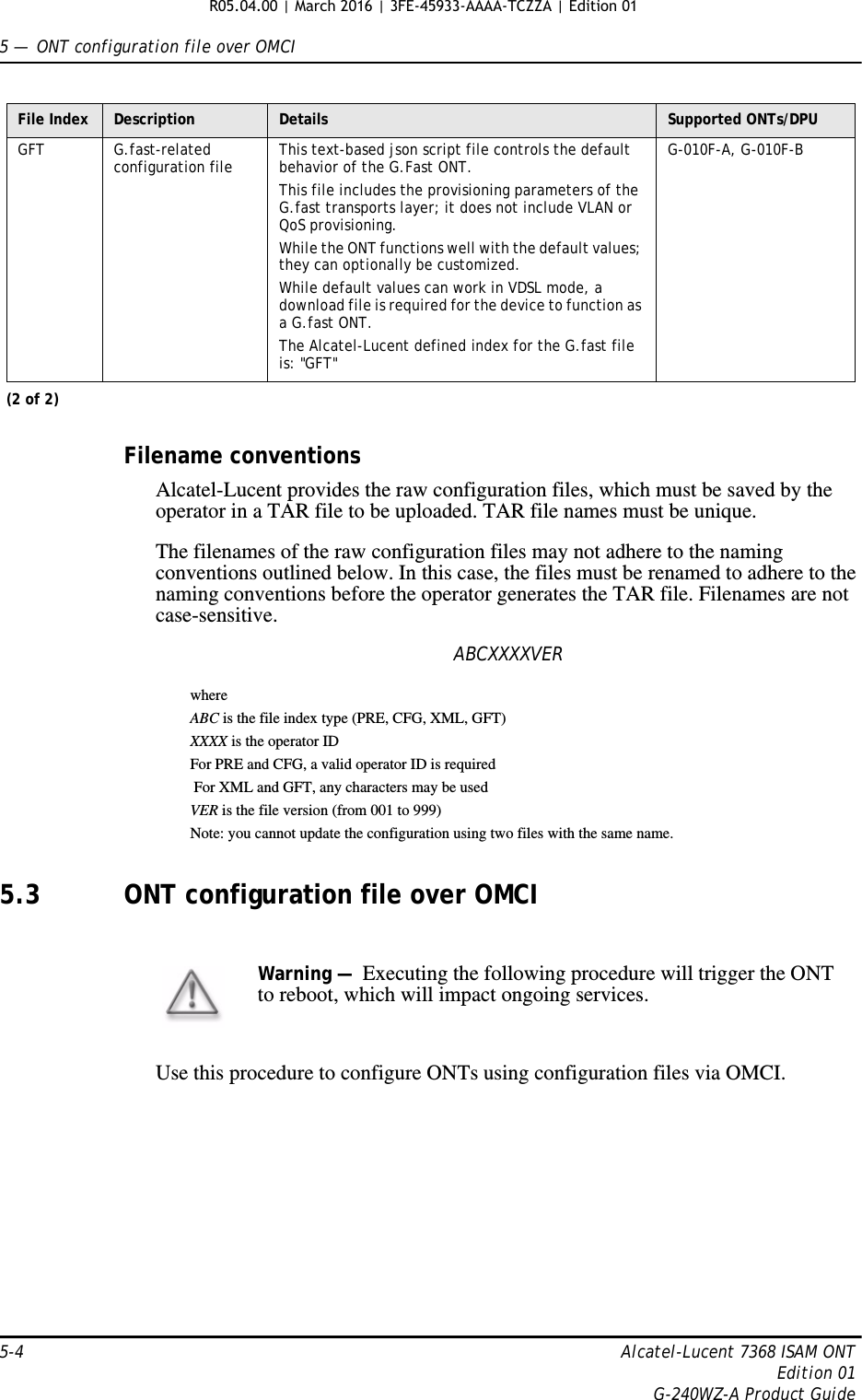 5 —  ONT configuration file over OMCI5-4 Alcatel-Lucent 7368 ISAM ONTEdition 01G-240WZ-A Product GuideFilename conventionsAlcatel-Lucent provides the raw configuration files, which must be saved by the operator in a TAR file to be uploaded. TAR file names must be unique.The filenames of the raw configuration files may not adhere to the naming conventions outlined below. In this case, the files must be renamed to adhere to the naming conventions before the operator generates the TAR file. Filenames are not case-sensitive.ABCXXXXVERwhereABC is the file index type (PRE, CFG, XML, GFT)XXXX is the operator IDFor PRE and CFG, a valid operator ID is required For XML and GFT, any characters may be usedVER is the file version (from 001 to 999) Note: you cannot update the configuration using two files with the same name.5.3 ONT configuration file over OMCIUse this procedure to configure ONTs using configuration files via OMCI.GFT G.fast-related configuration file This text-based json script file controls the default behavior of the G.Fast ONT. This file includes the provisioning parameters of the G.fast transports layer; it does not include VLAN or QoS provisioning. While the ONT functions well with the default values; they can optionally be customized. While default values can work in VDSL mode, a download file is required for the device to function as a G.fast ONT.The Alcatel-Lucent defined index for the G.fast file is: &quot;GFT&quot;G-010F-A, G-010F-BFile Index Description Details Supported ONTs/DPU(2 of 2)Warning —  Executing the following procedure will trigger the ONT to reboot, which will impact ongoing services.R05.04.00 | March 2016 | 3FE-45933-AAAA-TCZZA | Edition 01 