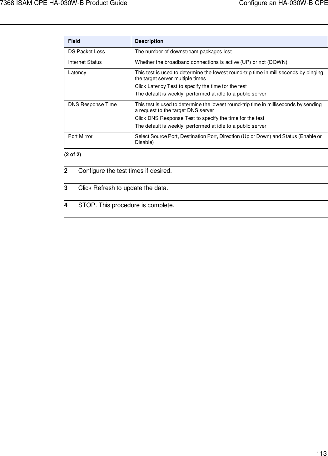 7368 ISAM CPE HA-030W-B Product Guide Configure an HA-030W-B CPE 113     Field Description DS Packet Loss The number of downstream packages lost Internet Status Whether the broadband connections is active (UP) or not (DOWN) Latency This test is used to determine the lowest round-trip time in milliseconds by pinging the target server multiple times Click Latency Test to specify the time for the test The default is weekly, performed at idle to a public server DNS Response Time This test is used to determine the lowest round-trip time in milliseconds by sending a request to the target DNS server Click DNS Response Test to specify the time for the test The default is weekly, performed at idle to a public server Port Mirror Select Source Port, Destination Port, Direction (Up or Down) and Status (Enable or Disable) (2 of 2)  2 Configure the test times if desired.  3 Click Refresh to update the data.  4 STOP. This procedure is complete.  