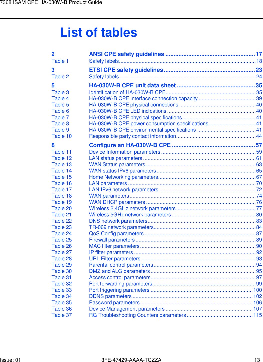 Issue: 01 3FE-47429-AAAA-TCZZA 13 7368 ISAM CPE HA-030W-B Product Guide      List of tables 2 ANSI CPE safety guidelines ....................................................... 17 Table 1  Safety labels ........................................................................................... 18 3 ETSI CPE safety guidelines ........................................................ 23 Table 2  Safety labels ........................................................................................... 24 5  HA-030W-B CPE unit data sheet ................................................ 35 Table 3  Identification of HA-030W-B CPE ............................................................ 35 Table 4  HA-030W-B CPE interface connection capacity ...................................... 39 Table 5  HA-030W-B CPE physical connections ................................................... 40 Table 6  HA-030W-B CPE LED indications ........................................................... 40 Table 7  HA-030W-B CPE physical specifications ................................................. 41 Table 8  HA-030W-B CPE power consumption specifications ............................... 41 Table 9  HA-030W-B CPE environmental specifications ....................................... 41 Table 10  Responsible party contact information ..................................................... 44 8  Configure an HA-030W-B CPE ................................................... 57 Table 11  Device Information parameters ............................................................... 59 Table 12  LAN status parameters ........................................................................... 61 Table 13  WAN Status parameters ......................................................................... 63 Table 14  WAN status IPv6 parameters .................................................................. 65 Table 15  Home Networking parameters ................................................................. 67 Table 16  LAN parameters ..................................................................................... 70 Table 17  LAN IPv6 network parameters ................................................................ 72 Table 18  WAN parameters .................................................................................... 74 Table 19  WAN DHCP parameters ......................................................................... 76 Table 20  Wireless 2.4GHz network parameters ..................................................... 77 Table 21  Wireless 5GHz network parameters ........................................................ 80 Table 22 DNS network parameters ........................................................................ 83 Table 23 TR-069 network parameters.................................................................... 84 Table 24  QoS Config parameters .......................................................................... 87 Table 25  Firewall parameters ................................................................................ 89 Table 26 MAC filter parameters ............................................................................. 90 Table 27 IP filter parameters ................................................................................. 92 Table 28 URL Filter parameters ............................................................................ 93 Table 29  Parental control parameters .................................................................... 94 Table 30  DMZ and ALG parameters ...................................................................... 95 Table 31  Access control parameters ...................................................................... 97 Table 32  Port forwarding parameters..................................................................... 99 Table 33  Port triggering parameters .................................................................... 100 Table 34 DDNS parameters ................................................................................ 102 Table 35  Password parameters ........................................................................... 106 Table 36  Device Management parameters .......................................................... 107 Table 37  RG Troubleshooting Counters parameters ............................................ 115 