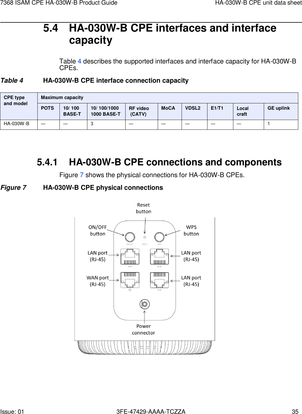 Issue: 01 3FE-47429-AAAA-TCZZA 35 7368 ISAM CPE HA-030W-B Product Guide HA-030W-B CPE unit data sheet   5.4  HA-030W-B CPE interfaces and interface capacity  Table 4 describes the supported interfaces and interface capacity for HA-030W-B CPEs. Table 4  HA-030W-B CPE interface connection capacity  CPE type and model Maximum capacity POTS 10/ 100 BASE-T 10/ 100/1000 1000 BASE-T RF video (CATV) MoCA VDSL2 E1/T1 Local craft GE uplink HA-030W-B — — 3 — — — — — 1    5.4.1 HA-030W-B CPE connections and components Figure 7 shows the physical connections for HA-030W-B CPEs. Figure 7  HA-030W-B CPE physical connections   