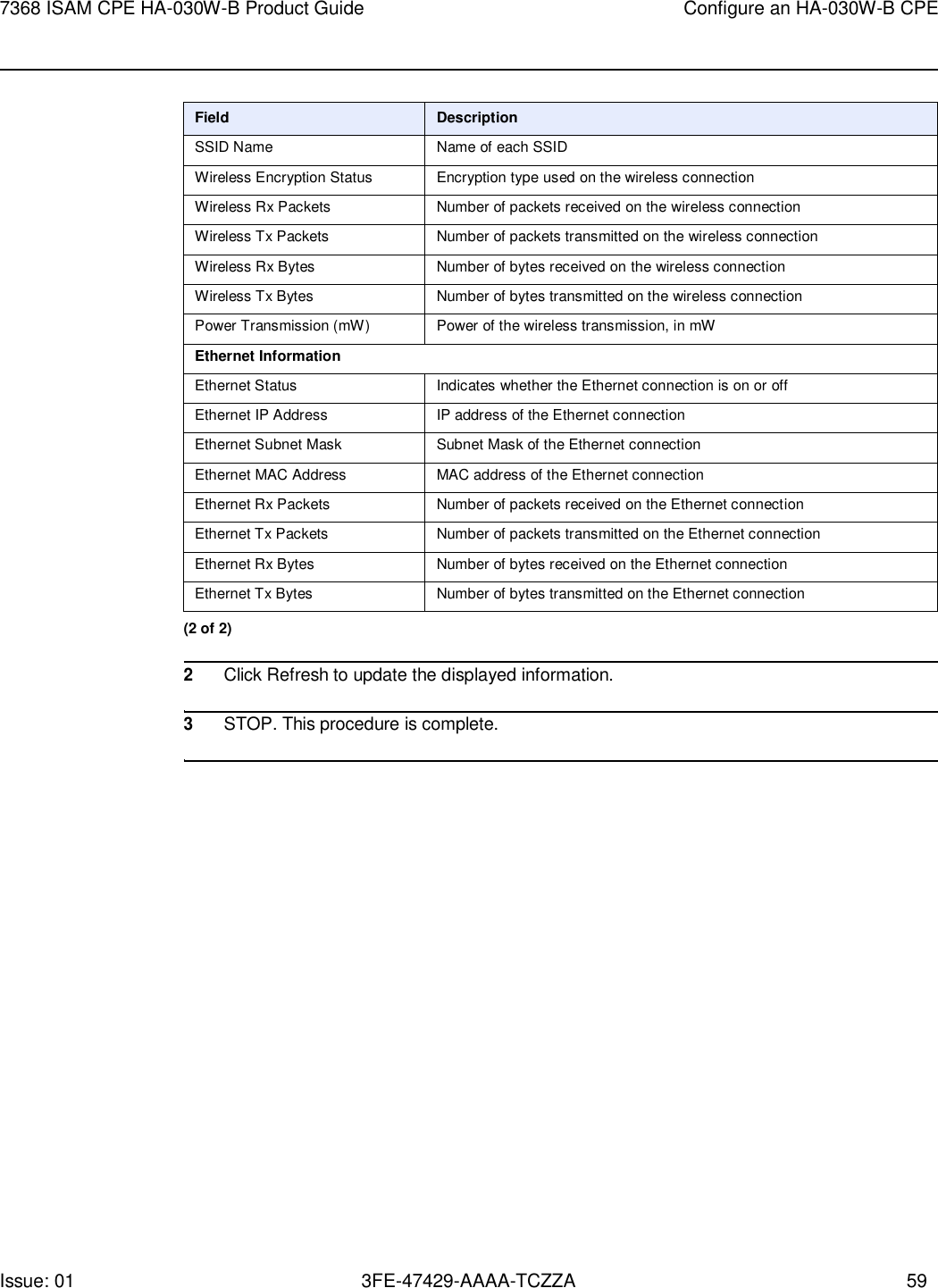 Issue: 01 3FE-47429-AAAA-TCZZA 59 7368 ISAM CPE HA-030W-B Product Guide Configure an HA-030W-B CPE     Field Description SSID Name Name of each SSID Wireless Encryption Status Encryption type used on the wireless connection Wireless Rx Packets Number of packets received on the wireless connection Wireless Tx Packets Number of packets transmitted on the wireless connection Wireless Rx Bytes Number of bytes received on the wireless connection Wireless Tx Bytes Number of bytes transmitted on the wireless connection Power Transmission (mW) Power of the wireless transmission, in mW Ethernet Information Ethernet Status Indicates whether the Ethernet connection is on or off Ethernet IP Address IP address of the Ethernet connection Ethernet Subnet Mask Subnet Mask of the Ethernet connection Ethernet MAC Address MAC address of the Ethernet connection Ethernet Rx Packets Number of packets received on the Ethernet connection Ethernet Tx Packets Number of packets transmitted on the Ethernet connection Ethernet Rx Bytes Number of bytes received on the Ethernet connection Ethernet Tx Bytes Number of bytes transmitted on the Ethernet connection (2 of 2)  2 Click Refresh to update the displayed information.  3 STOP. This procedure is complete.  