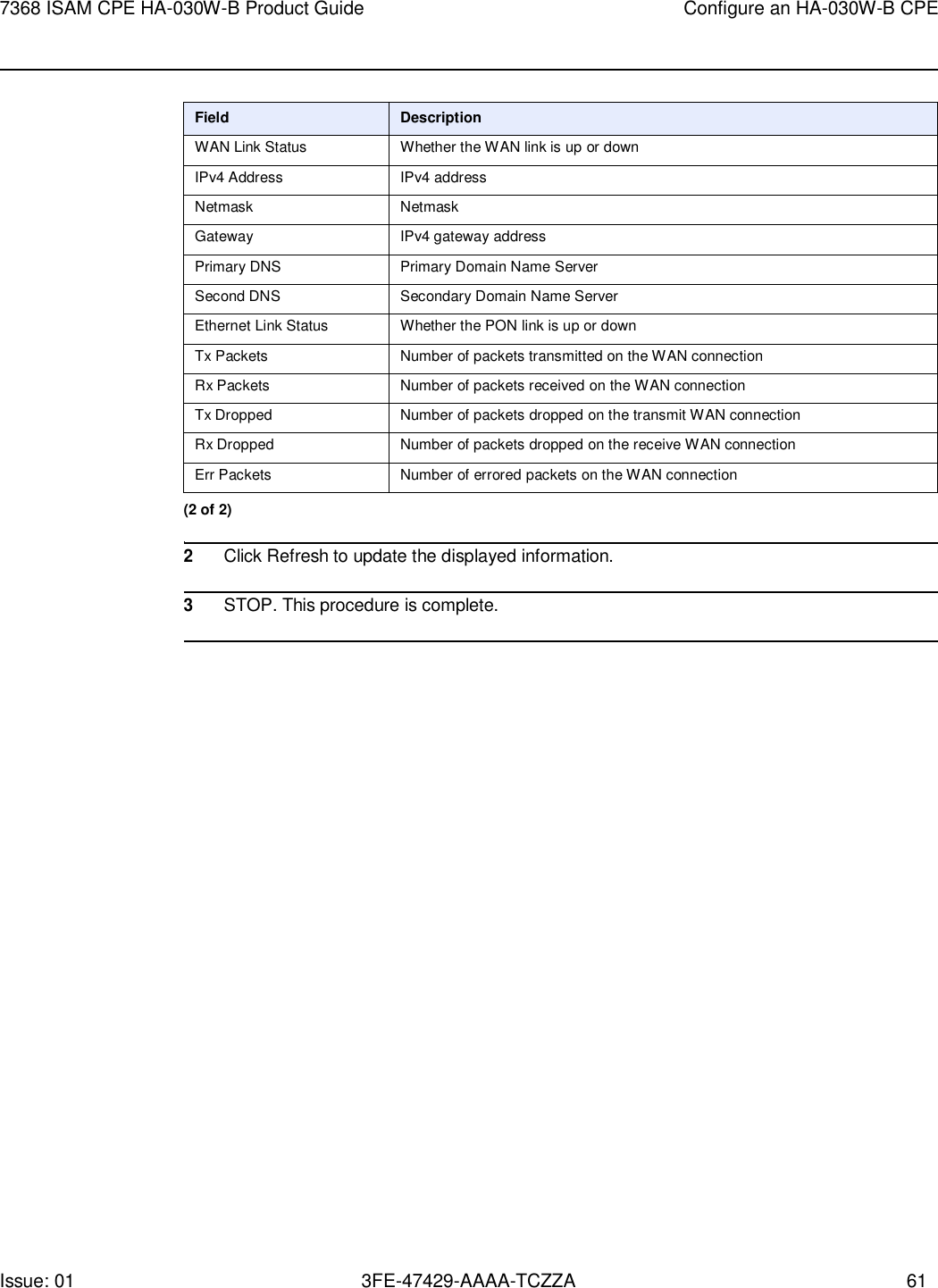 Issue: 01 3FE-47429-AAAA-TCZZA 61 7368 ISAM CPE HA-030W-B Product Guide Configure an HA-030W-B CPE     Field Description WAN Link Status Whether the WAN link is up or down IPv4 Address IPv4 address Netmask Netmask Gateway IPv4 gateway address Primary DNS Primary Domain Name Server Second DNS Secondary Domain Name Server Ethernet Link Status Whether the PON link is up or down Tx Packets Number of packets transmitted on the WAN connection Rx Packets Number of packets received on the WAN connection Tx Dropped Number of packets dropped on the transmit WAN connection Rx Dropped Number of packets dropped on the receive WAN connection Err Packets Number of errored packets on the WAN connection (2 of 2)  2 Click Refresh to update the displayed information.  3 STOP. This procedure is complete.  