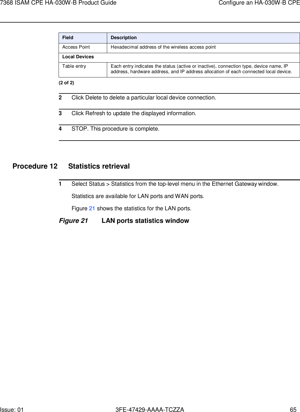 Issue: 01 3FE-47429-AAAA-TCZZA 65 7368 ISAM CPE HA-030W-B Product Guide Configure an HA-030W-B CPE     Field Description Access Point Hexadecimal address of the wireless access point Local Devices Table entry Each entry indicates the status (active or inactive), connection type, device name, IP address, hardware address, and IP address allocation of each connected local device. (2 of 2)  2 Click Delete to delete a particular local device connection.  3 Click Refresh to update the displayed information.  4 STOP. This procedure is complete.     Procedure 12  Statistics retrieval  1 Select Status &gt; Statistics from the top-level menu in the Ethernet Gateway window. Statistics are available for LAN ports and WAN ports. Figure 21 shows the statistics for the LAN ports.  Figure 21 LAN ports statistics window 