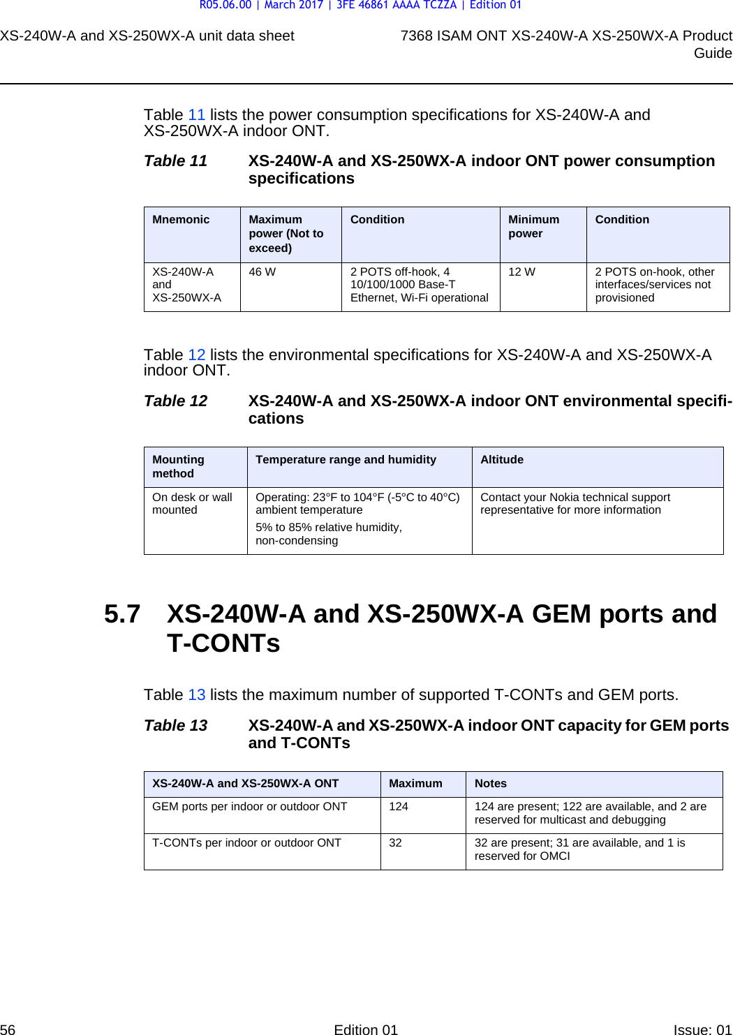 XS-240W-A and XS-250WX-A unit data sheet567368 ISAM ONT XS-240W-A XS-250WX-A ProductGuideEdition 01 Issue: 01 Table 11 lists the power consumption specifications for XS-240W-A and XS-250WX-A indoor ONT.Table 11 XS-240W-A and XS-250WX-A indoor ONT power consumption specificationsTable 12 lists the environmental specifications for XS-240W-A and XS-250WX-A indoor ONT.Table 12 XS-240W-A and XS-250WX-A indoor ONT environmental specifi-cations5.7 XS-240W-A and XS-250WX-A GEM ports and T-CONTsTable 13 lists the maximum number of supported T-CONTs and GEM ports. Table 13 XS-240W-A and XS-250WX-A indoor ONT capacity for GEM ports and T-CONTsMnemonic Maximum power (Not to exceed)Condition Minimum power ConditionXS-240W-A and XS-250WX-A 46 W 2 POTS off-hook, 4 10/100/1000 Base-T Ethernet, Wi-Fi operational12 W 2 POTS on-hook, other interfaces/services not provisionedMounting method Temperature range and humidity AltitudeOn desk or wall mounted Operating: 23°F to 104°F (-5°C to 40°C) ambient temperature5% to 85% relative humidity, non-condensingContact your Nokia technical support representative for more informationXS-240W-A and XS-250WX-A ONT Maximum NotesGEM ports per indoor or outdoor ONT 124  124 are present; 122 are available, and 2 are reserved for multicast and debuggingT-CONTs per indoor or outdoor ONT 32 32 are present; 31 are available, and 1 is reserved for OMCIR05.06.00 | March 2017 | 3FE 46861 AAAA TCZZA | Edition 01