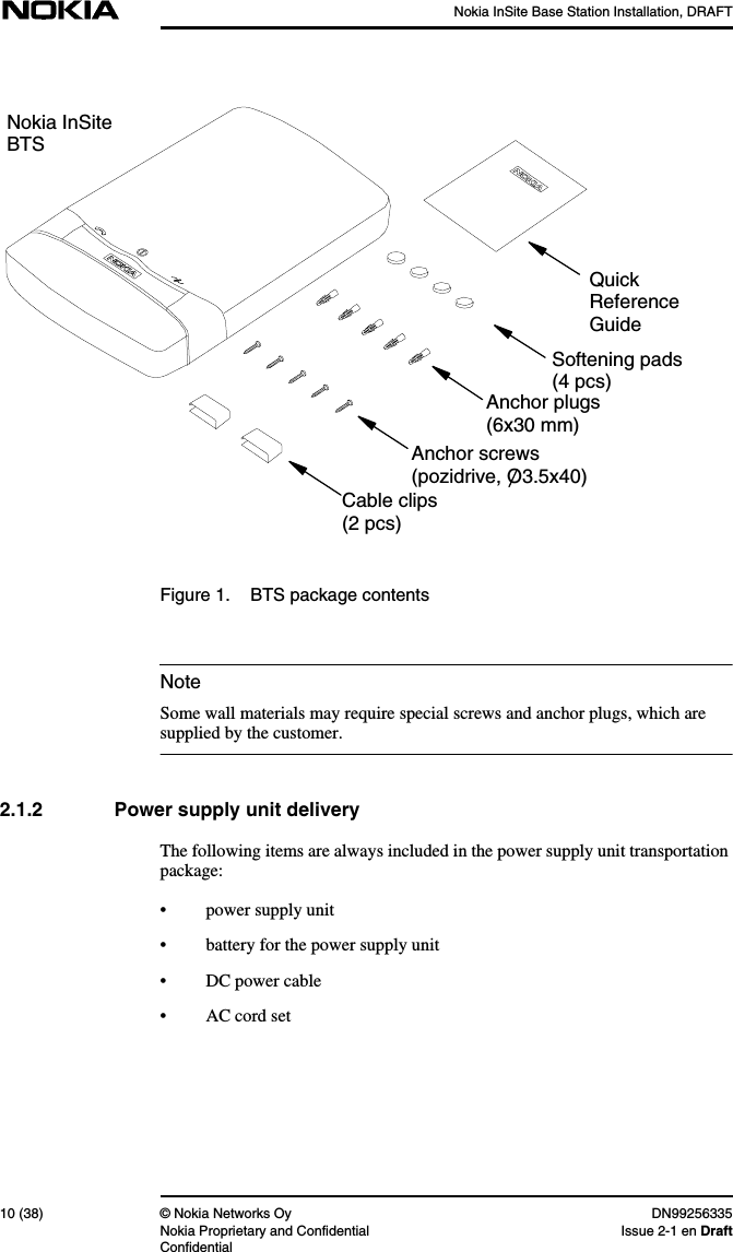 Nokia InSite Base Station Installation, DRAFT10 (38) © Nokia Networks Oy DN99256335Nokia Proprietary and Confidential Issue 2-1 en DraftConfidentialNoteFigure 1. BTS package contentsSome wall materials may require special screws and anchor plugs, which aresupplied by the customer.2.1.2 Power supply unit deliveryThe following items are always included in the power supply unit transportationpackage:• power supply unit• battery for the power supply unit• DC power cable• AC cord setSoftening pads(4 pcs)Anchor plugs(6x30 mm)Anchor screws(pozidrive, O3.5x40)Nokia InSiteBTSCable clips(2 pcs)QuickReferenceGuide