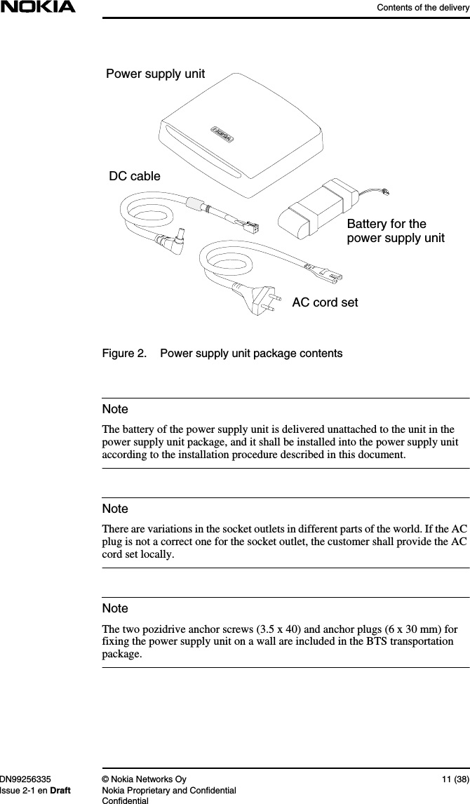 Contents of the deliveryDN99256335 © Nokia Networks Oy 11 (38)Issue 2-1 en Draft Nokia Proprietary and ConfidentialConfidentialNoteNoteNoteFigure 2. Power supply unit package contentsThe battery of the power supply unit is delivered unattached to the unit in thepower supply unit package, and it shall be installed into the power supply unitaccording to the installation procedure described in this document.There are variations in the socket outlets in different parts of the world. If the ACplug is not a correct one for the socket outlet, the customer shall provide the ACcord set locally.The two pozidrive anchor screws (3.5 x 40) and anchor plugs (6 x 30 mm) forfixing the power supply unit on a wall are included in the BTS transportationpackage.Battery for thepower supply unitDC cablePower supply unitAC cord set