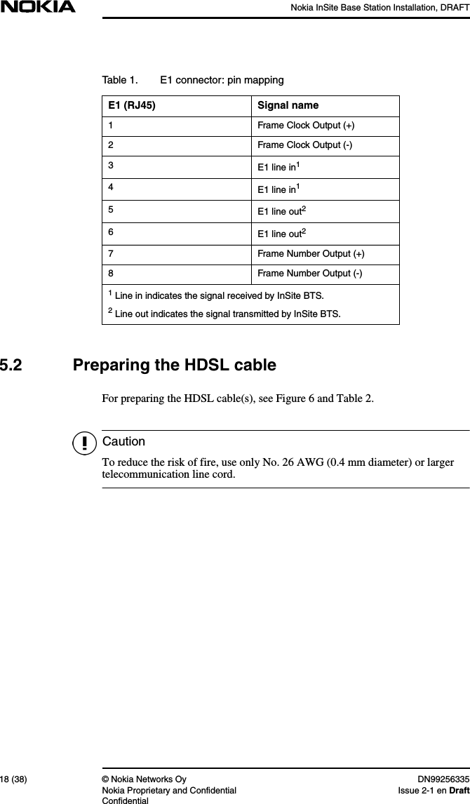 Nokia InSite Base Station Installation, DRAFT18 (38) © Nokia Networks Oy DN99256335Nokia Proprietary and Confidential Issue 2-1 en DraftConfidentialCaution5.2 Preparing the HDSL cableFor preparing the HDSL cable(s), see Figure 6 and Table 2.To reduce the risk of fire, use only No. 26 AWG (0.4 mm diameter) or largertelecommunication line cord.Table 1. E1 connector: pin mappingE1 (RJ45) Signal name1 Frame Clock Output (+)2 Frame Clock Output (-)3E1 line in14E1 line in15E1 line out26E1 line out27 Frame Number Output (+)8 Frame Number Output (-)1 Line in indicates the signal received by InSite BTS.2 Line out indicates the signal transmitted by InSite BTS.