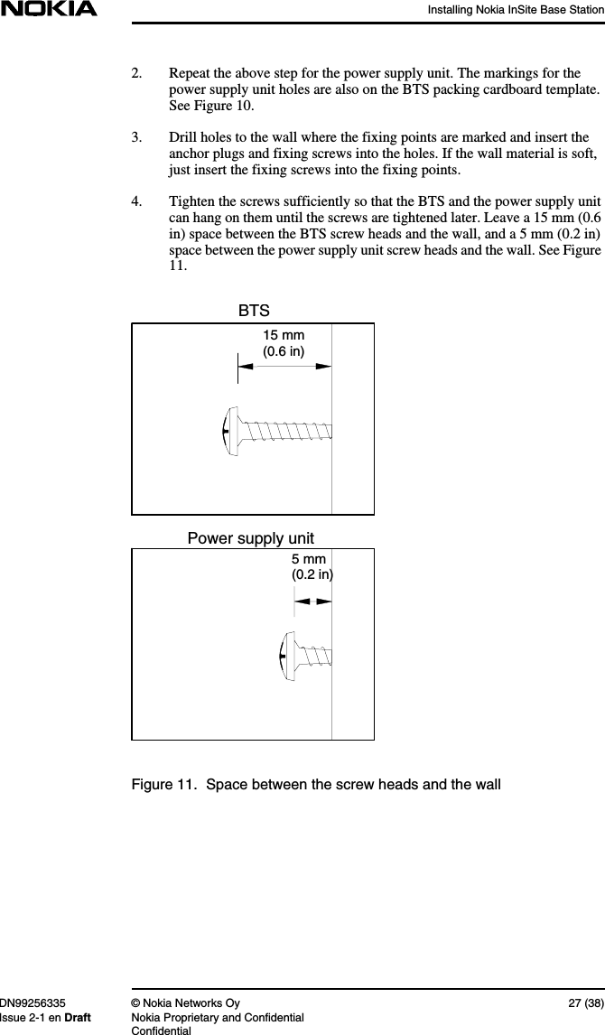 Installing Nokia InSite Base StationDN99256335 © Nokia Networks Oy 27 (38)Issue 2-1 en Draft Nokia Proprietary and ConfidentialConfidential2. Repeat the above step for the power supply unit. The markings for thepower supply unit holes are also on the BTS packing cardboard template.See Figure 10.3. Drill holes to the wall where the fixing points are marked and insert theanchor plugs and fixing screws into the holes. If the wall material is soft,just insert the fixing screws into the fixing points.4. Tighten the screws sufficiently so that the BTS and the power supply unitcan hang on them until the screws are tightened later. Leave a 15 mm (0.6in) space between the BTS screw heads and the wall, and a 5 mm (0.2 in)space between the power supply unit screw heads and the wall. See Figure11.Figure 11. Space between the screw heads and the wall5 mm(0.2 in)Power supply unit15 mm(0.6 in)BTS