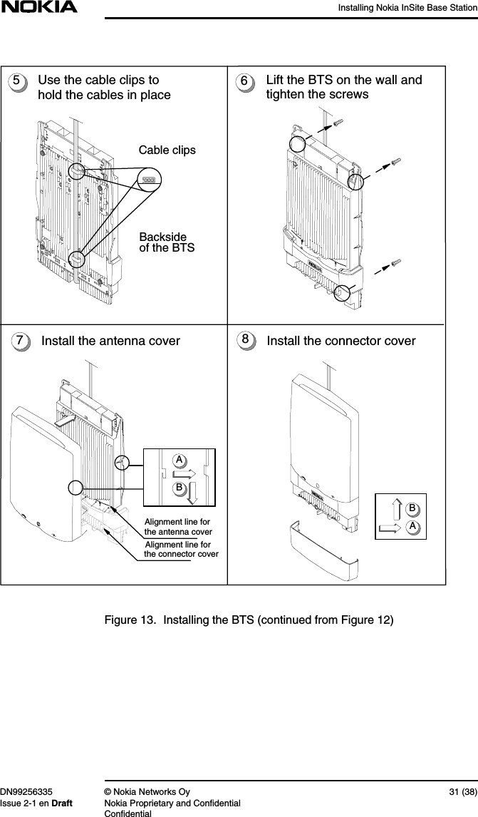 Installing Nokia InSite Base StationDN99256335 © Nokia Networks Oy 31 (38)Issue 2-1 en Draft Nokia Proprietary and ConfidentialConfidentialFigure 13. Installing the BTS (continued from Figure 12)ABInstall the connector coverInstall the antenna coverLift the BTS on the wall andtighten the screws5678Use the cable clips tohold the cables in placeCable clipsBacksideof the BTSABAlignment line for the antenna coverAlignment line for   the connector cover