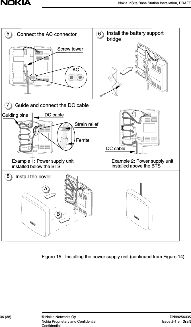 Nokia InSite Base Station Installation, DRAFT36 (38) © Nokia Networks Oy DN99256335Nokia Proprietary and Confidential Issue 2-1 en DraftConfidentialFigure 15. Installing the power supply unit (continued from Figure 14)Example 1: Power supply unitinstalled below the BTSExample 2: Power supply unitinstalled above the BTSGuide and connect the DC cableACStrain reliefFerriteDC cableDC cableScrew towerConnect the AC connector Install the battery supportbridgeInstall the cover5678Guiding pinsBA