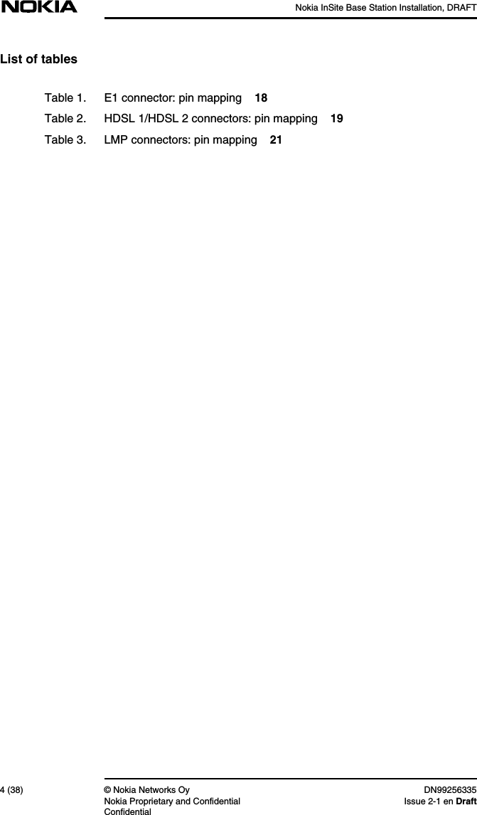 Nokia InSite Base Station Installation, DRAFT4 (38) © Nokia Networks Oy DN99256335Nokia Proprietary and Confidential Issue 2-1 en DraftConfidentialList of tablesTable 1. E1 connector: pin mapping 18Table 2. HDSL 1/HDSL 2 connectors: pin mapping 19Table 3. LMP connectors: pin mapping 21