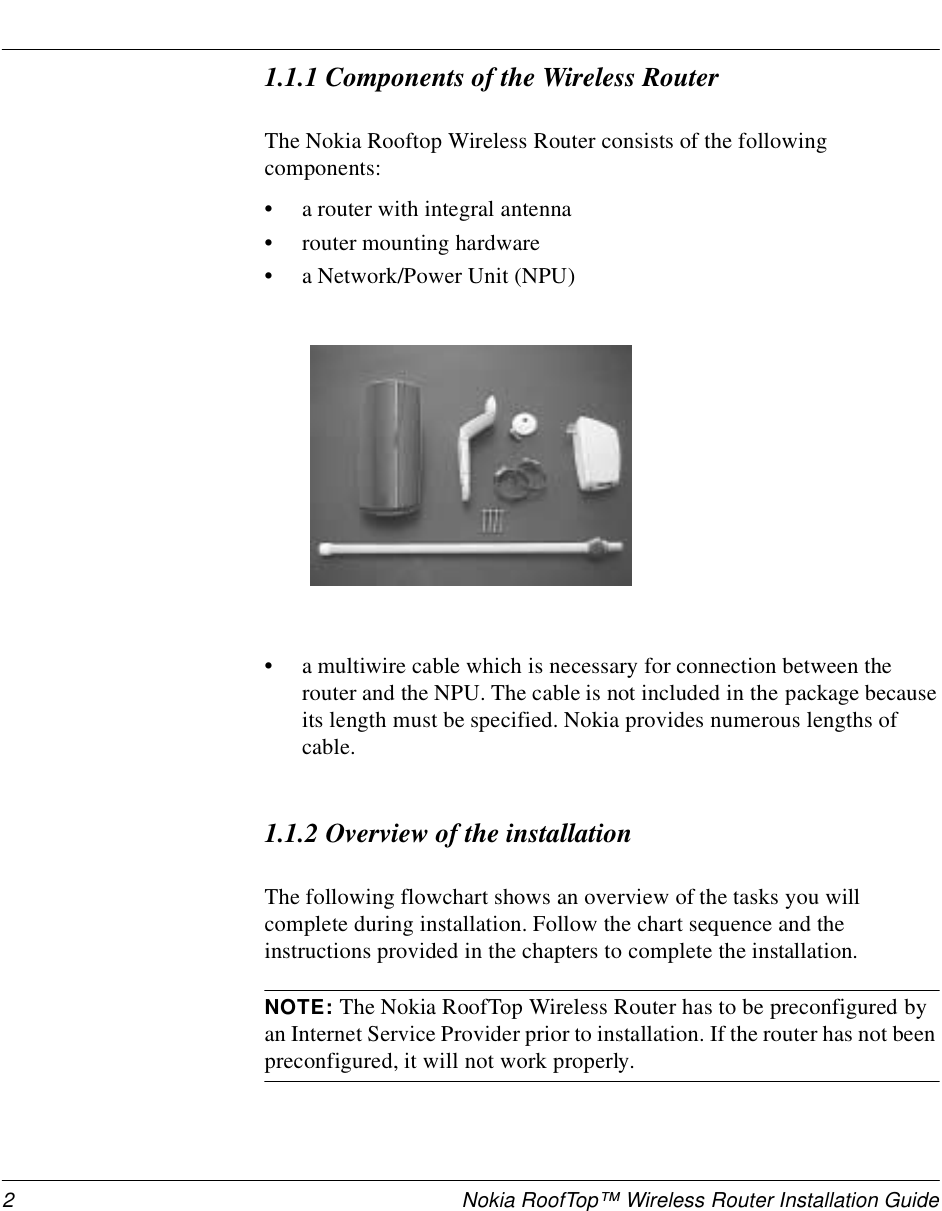 2 Nokia RoofTop™ Wireless Router Installation Guide1.1.1 Components of the Wireless RouterThe Nokia Rooftop Wireless Router consists of the following components:•a router with integral antenna•router mounting hardware•a Network/Power Unit (NPU)•a multiwire cable which is necessary for connection between the router and the NPU. The cable is not included in the package because its length must be specified. Nokia provides numerous lengths of cable.1.1.2 Overview of the installationThe following flowchart shows an overview of the tasks you will complete during installation. Follow the chart sequence and the instructions provided in the chapters to complete the installation.NOTE: The Nokia RoofTop Wireless Router has to be preconfigured by an Internet Service Provider prior to installation. If the router has not been preconfigured, it will not work properly.