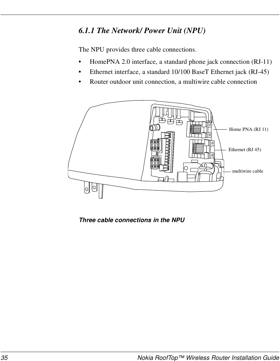 35 Nokia RoofTop™ Wireless Router Installation Guide6.1.1 The Network/ Power Unit (NPU)The NPU provides three cable connections.•HomePNA 2.0 interface, a standard phone jack connection (RJ-11)•Ethernet interface, a standard 10/100 BaseT Ethernet jack (RJ-45) •Router outdoor unit connection, a multiwire cable connectionThree cable connections in the NPUEthernet (RJ 45)Home PNA (RJ 11)multiwire cable