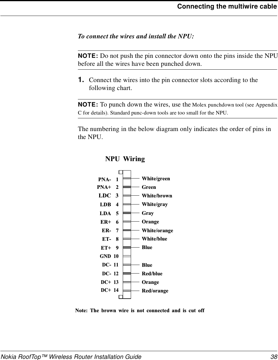 Nokia RoofTop™ Wireless Router Installation Guide 38Connecting the multiwire cableTo connect the wires and install the NPU:NOTE: Do not push the pin connector down onto the pins inside the NPUbefore all the wires have been punched down.1. Connect the wires into the pin connector slots according to the following chart. NOTE: To punch down the wires, use the Molex punchdown tool (see AppendixC for details). Standard punc-down tools are too small for the NPU.The numbering in the below diagram only indicates the order of pins in the NPU.N o t e :   T h e   b r o w n   w i r e   i s   n o t   c o n n e c t e d   a n d   i s   c u t   o ffN P U   W i r i n g8765432191 01 11 21 31 4E T -E R -E R +L D AL D BL D CP N A +P N A -E T +G N DDC-DC-DC+DC+W h i t e / o r a n g eO r a n g eG r a yW h i t e / g r a yW h i t e / b r o w nG r e e nW h i t e / g r e e nW h i t e / b l u eB l u eB l u eR e d / b l u eO r a n g eR e d / o r a n g e