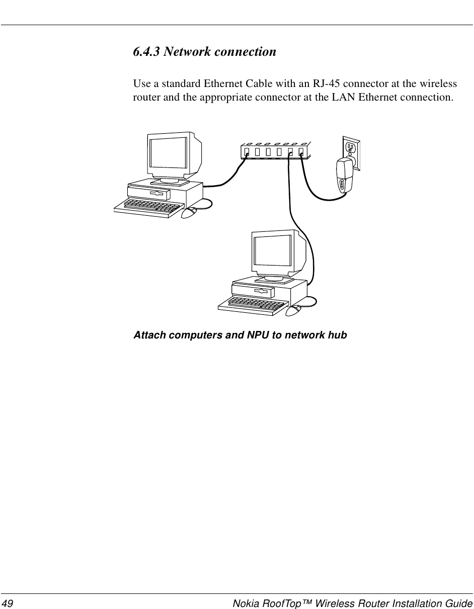 49 Nokia RoofTop™ Wireless Router Installation Guide6.4.3 Network connectionUse a standard Ethernet Cable with an RJ-45 connector at the wireless router and the appropriate connector at the LAN Ethernet connection. Attach computers and NPU to network hub