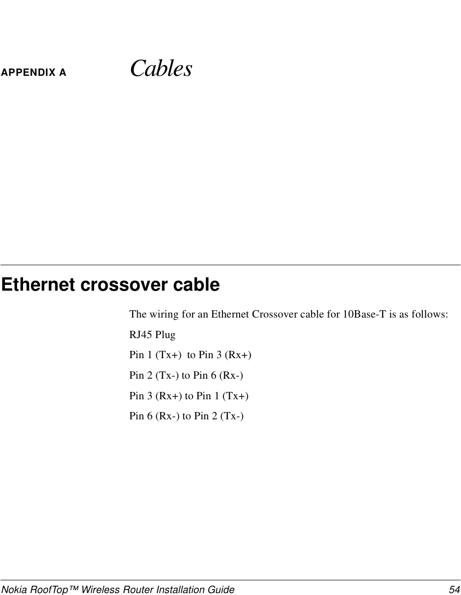 Nokia RoofTop™ Wireless Router Installation Guide  54APPENDIX A CablesEthernet crossover cableThe wiring for an Ethernet Crossover cable for 10Base-T is as follows:RJ45 Plug Pin 1 (Tx+)  to Pin 3 (Rx+) Pin 2 (Tx-) to Pin 6 (Rx-)Pin 3 (Rx+) to Pin 1 (Tx+)Pin 6 (Rx-) to Pin 2 (Tx-) 