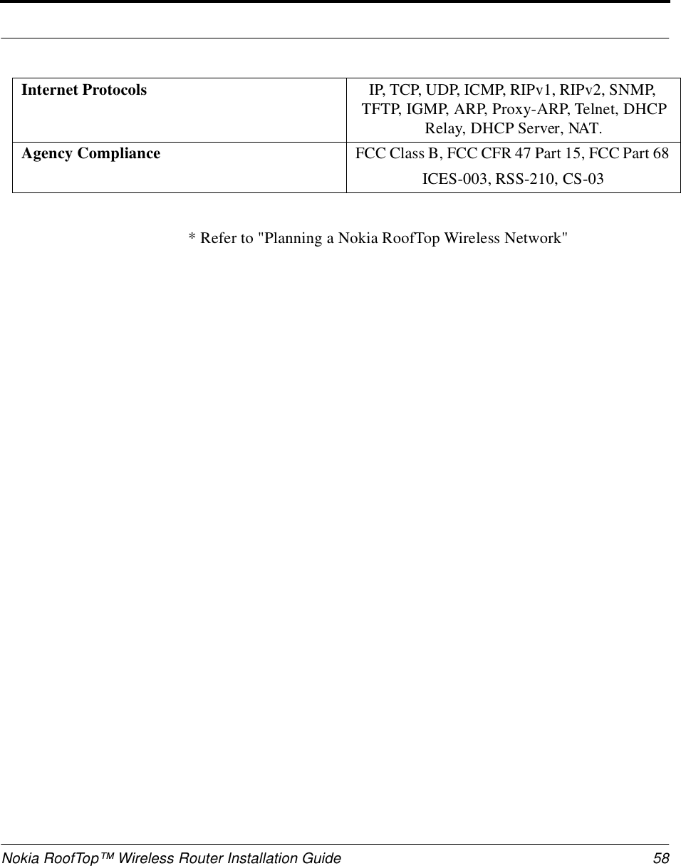 Nokia RoofTop™ Wireless Router Installation Guide 58* Refer to &quot;Planning a Nokia RoofTop Wireless Network&quot;Internet Protocols IP, TCP, UDP, ICMP, RIPv1, RIPv2, SNMP, TFTP, IGMP, ARP, Proxy-ARP, Telnet, DHCP Relay, DHCP Server, NAT.Agency Compliance FCC Class B, FCC CFR 47 Part 15, FCC Part 68 ICES-003, RSS-210, CS-03 