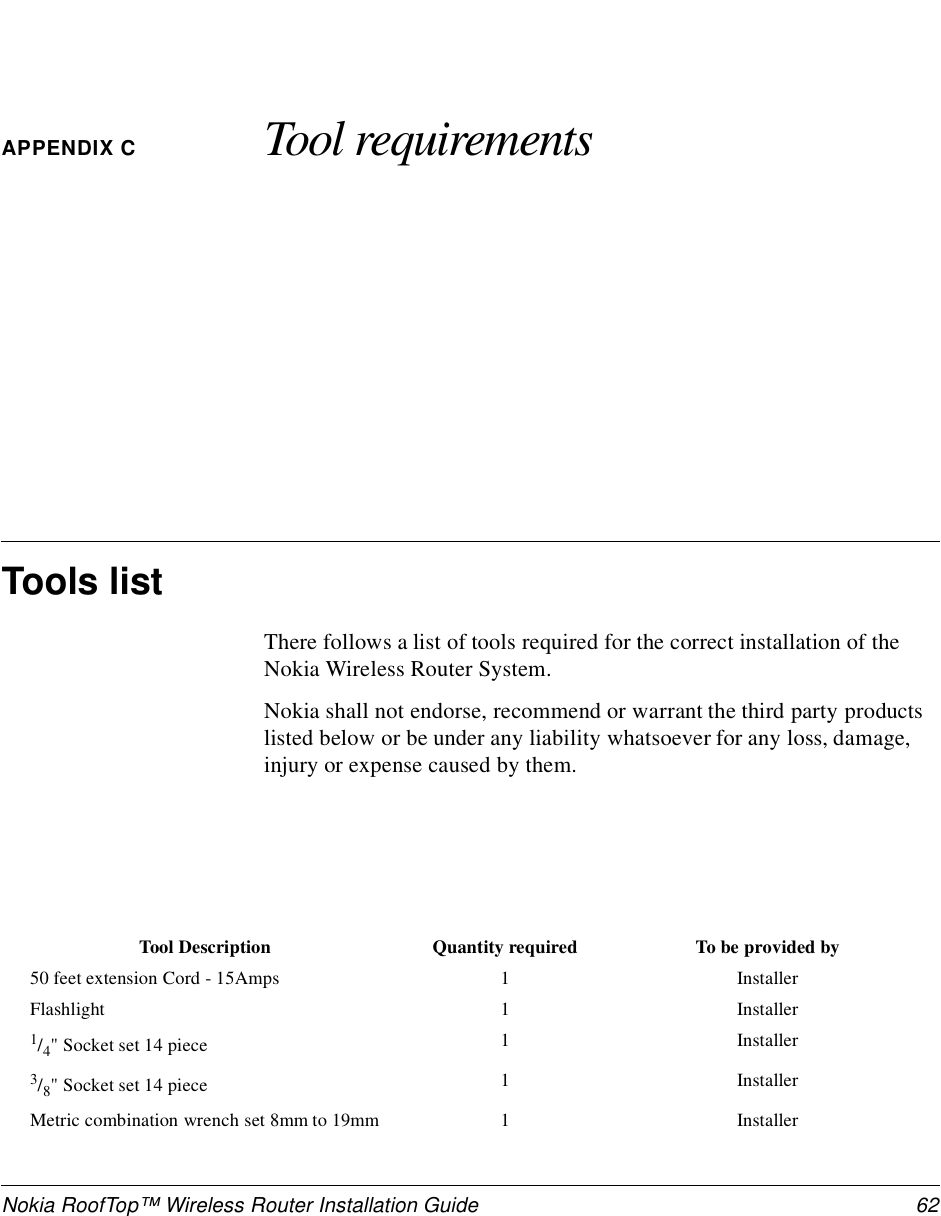 Nokia RoofTop™ Wireless Router Installation Guide  62APPENDIX C Tool requirementsTools listThere follows a list of tools required for the correct installation of the Nokia Wireless Router System.Nokia shall not endorse, recommend or warrant the third party products listed below or be under any liability whatsoever for any loss, damage, injury or expense caused by them.Tool Description Quantity required To be provided by50 feet extension Cord - 15Amps 1 InstallerFlashlight 1 Installer1/4&quot; Socket set 14 piece 1 Installer3/8&quot; Socket set 14 piece 1 InstallerMetric combination wrench set 8mm to 19mm 1 Installer