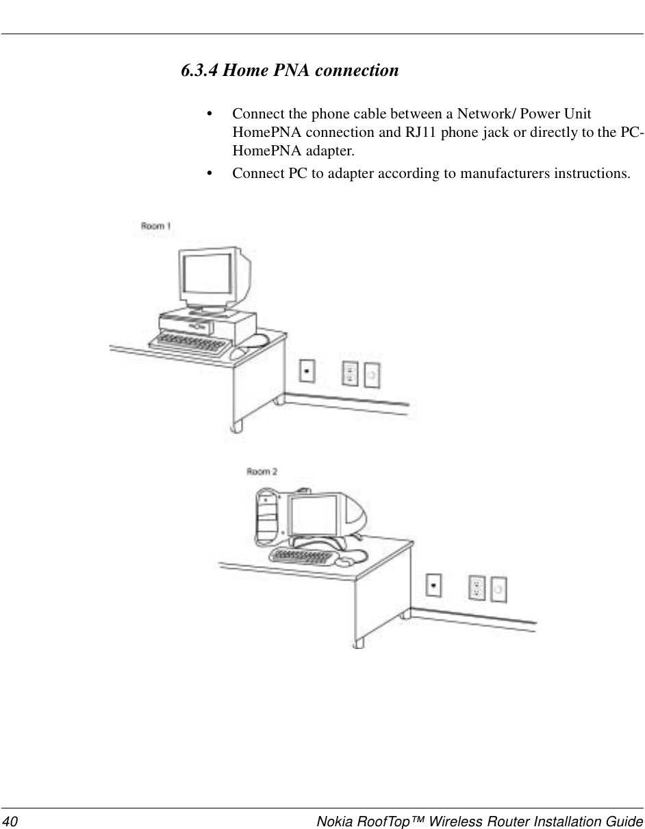 40 Nokia RoofTop™ Wireless Router Installation Guide6.3.4 Home PNA connection•Connect the phone cable between a Network/ Power Unit HomePNA connection and RJ11 phone jack or directly to the PC-HomePNA adapter. •Connect PC to adapter according to manufacturers instructions.