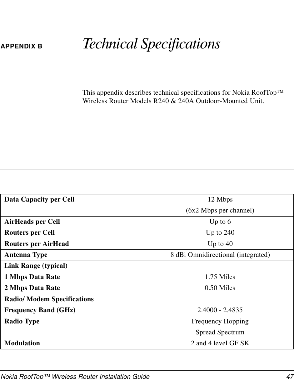 Nokia RoofTop™ Wireless Router Installation Guide  47APPENDIX B Technical SpecificationsThis appendix describes technical specifications for Nokia RoofTop™ Wireless Router Models R240 &amp; 240A Outdoor-Mounted Unit.Data Capacity per Cell 12 Mbps(6x2 Mbps per channel)AirHeads per CellRouters per CellRouters per AirHeadUp to 6Up to 240Up to 40Antenna Type  8 dBi Omnidirectional (integrated)Link Range (typical)1 Mbps Data Rate2 Mbps Data Rate1.75 Miles0.50 MilesRadio/ Modem SpecificationsFrequency Band (GHz)Radio TypeModulation2.4000 - 2.4835Frequency HoppingSpread Spectrum2 and 4 level GF SK