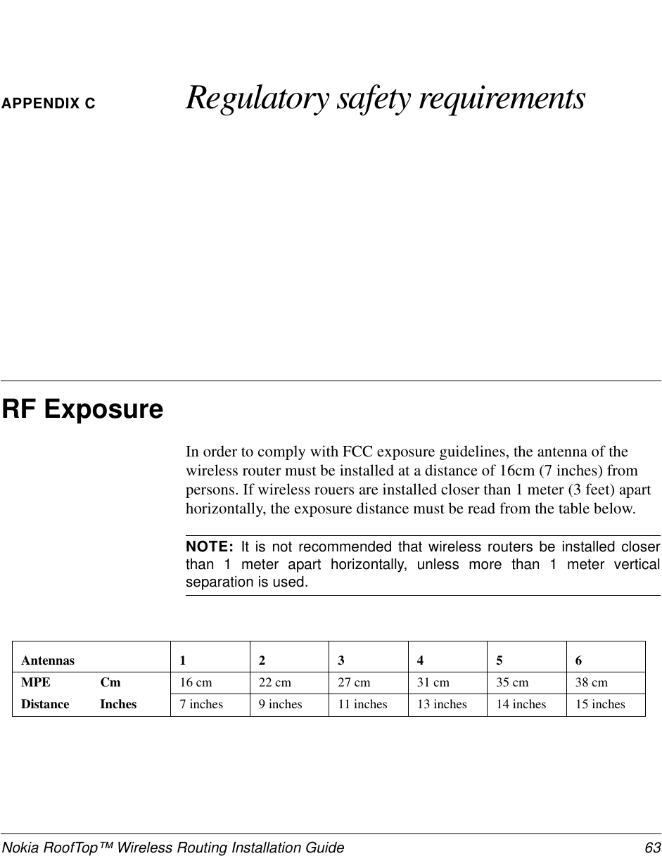 Nokia RoofTop™ Wireless Routing Installation Guide 63APPENDIX C Regulatory safety requirementsRF ExposureIn order to comply with FCC exposure guidelines, the antenna of thewireless router must be installed at a distance of 16cm (7 inches) frompersons. If wireless rouers are installed closer than 1 meter (3 feet) aparthorizontally, the exposure distance must be read from the table below.NOTE: It is not recommended that wireless routers be installed closerthan 1 meter apart horizontally, unless more than 1 meter verticalseparation is used.Antennas 123456MPE Cm 16 cm 22 cm 27 cm 31 cm 35 cm 38 cmDistance Inches 7 inches 9 inches 11 inches 13 inches 14 inches 15 inches