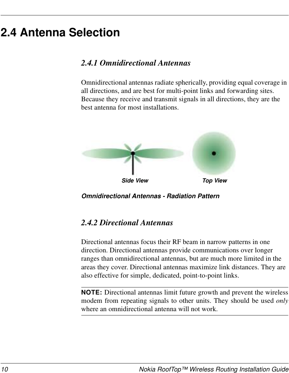 10 Nokia RoofTop™ Wireless Routing Installation Guide2.4 Antenna Selection2.4.1 Omnidirectional AntennasOmnidirectional antennas radiate spherically, providing equal coverage in all directions, and are best for multi-point links and forwarding sites. Because they receive and transmit signals in all directions, they are the best antenna for most installations.Omnidirectional Antennas - Radiation Pattern 2.4.2 Directional Antennas Directional antennas focus their RF beam in narrow patterns in one direction. Directional antennas provide communications over longer ranges than omnidirectional antennas, but are much more limited in the areas they cover. Directional antennas maximize link distances. They are also effective for simple, dedicated, point-to-point links. NOTE: Directional antennas limit future growth and prevent the wirelessmodem from repeating signals to other units. They should be used onlywhere an omnidirectional antenna will not work.Side View Top View