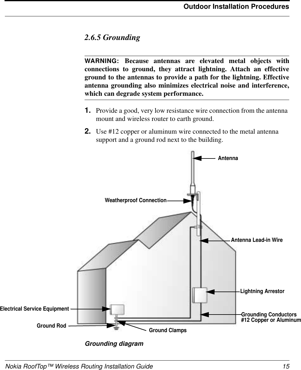 Nokia RoofTop™ Wireless Routing Installation Guide 15Outdoor Installation Procedures2.6.5 GroundingWARNING:  Because antennas are elevated metal objects withconnections to ground, they attract lightning. Attach an effectiveground to the antennas to provide a path for the lightning. Effectiveantenna grounding also minimizes electrical noise and interference,which can degrade system performance.1. Provide a good, very low resistance wire connection from the antenna mount and wireless router to earth ground. 2. Use #12 copper or aluminum wire connected to the metal antenna support and a ground rod next to the building.Grounding diagramAntennaAntenna Lead-in WireLightning ArrestorElectrical Service EquipmentGround RodWeatherproof ConnectionGrounding Conductors#12 Copper or AluminumGround Clamps