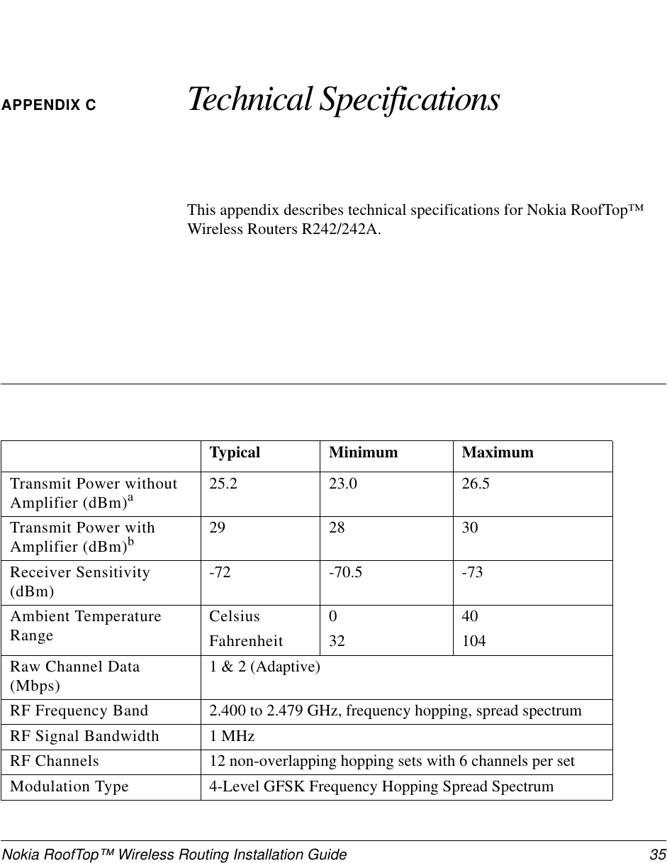 Nokia RoofTop™ Wireless Routing Installation Guide  35APPENDIX C Technical SpecificationsThis appendix describes technical specifications for Nokia RoofTop™ Wireless Routers R242/242A.Typical Minimum MaximumTransmit Power without Amplifier (dBm)a25.2 23.0 26.5Transmit Power with Amplifier (dBm)b29 28 30Receiver Sensitivity (dBm) -72 -70.5 -73Ambient Temperature Range CelsiusFahrenheit03240104Raw Channel Data (Mbps) 1 &amp; 2 (Adaptive)RF Frequency Band 2.400 to 2.479 GHz, frequency hopping, spread spectrumRF Signal Bandwidth 1 MHzRF Channels 12 non-overlapping hopping sets with 6 channels per setModulation Type 4-Level GFSK Frequency Hopping Spread Spectrum