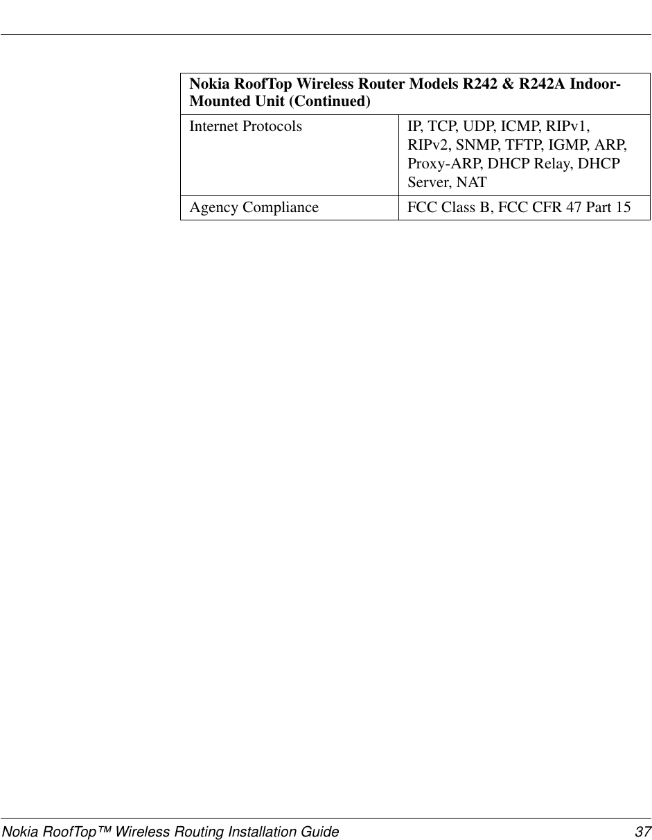 Nokia RoofTop™ Wireless Routing Installation Guide 37Internet Protocols IP, TCP, UDP, ICMP, RIPv1,RIPv2, SNMP, TFTP, IGMP, ARP,Proxy-ARP, DHCP Relay, DHCPServer, NATAgency Compliance FCC Class B, FCC CFR 47 Part 15Nokia RoofTop Wireless Router Models R242 &amp; R242A Indoor-Mounted Unit (Continued)