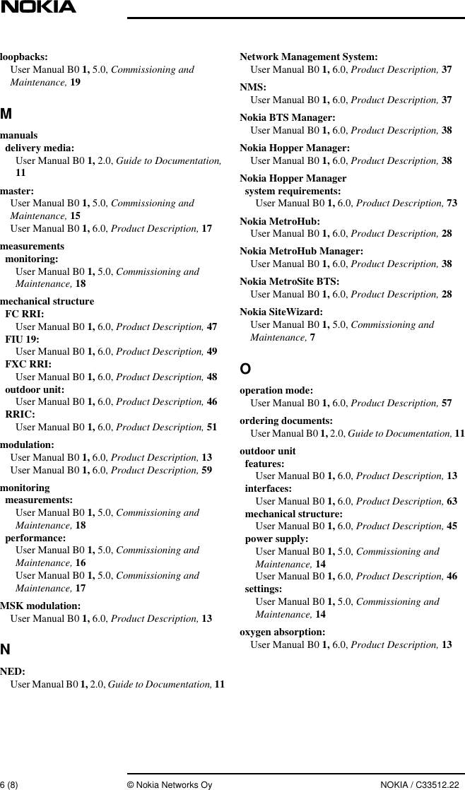 6 (8) © Nokia Networks Oy NOKIA / C33512.22loopbacks:User Manual B0 1, 5.0, Commissioning andMaintenance, 19Mmanualsdelivery media:User Manual B0 1, 2.0, Guide to Documentation,11master:User Manual B0 1, 5.0, Commissioning andMaintenance, 15User Manual B0 1, 6.0, Product Description, 17measurementsmonitoring:User Manual B0 1, 5.0, Commissioning andMaintenance, 18mechanical structureFC RRI:User Manual B0 1, 6.0, Product Description, 47FIU 19:User Manual B0 1, 6.0, Product Description, 49FXC RRI:User Manual B0 1, 6.0, Product Description, 48outdoor unit:User Manual B0 1, 6.0, Product Description, 46RRIC:User Manual B0 1, 6.0, Product Description, 51modulation:User Manual B0 1, 6.0, Product Description, 13User Manual B0 1, 6.0, Product Description, 59monitoringmeasurements:User Manual B0 1, 5.0, Commissioning andMaintenance, 18performance:User Manual B0 1, 5.0, Commissioning andMaintenance, 16User Manual B0 1, 5.0, Commissioning andMaintenance, 17MSK modulation:User Manual B0 1, 6.0, Product Description, 13NNED:User Manual B0 1, 2.0, Guide to Documentation, 11Network Management System:User Manual B0 1, 6.0, Product Description, 37NMS:User Manual B0 1, 6.0, Product Description, 37Nokia BTS Manager:User Manual B0 1, 6.0, Product Description, 38Nokia Hopper Manager:User Manual B0 1, 6.0, Product Description, 38Nokia Hopper Managersystem requirements:User Manual B0 1, 6.0, Product Description, 73Nokia MetroHub:User Manual B0 1, 6.0, Product Description, 28Nokia MetroHub Manager:User Manual B0 1, 6.0, Product Description, 38Nokia MetroSite BTS:User Manual B0 1, 6.0, Product Description, 28Nokia SiteWizard:User Manual B0 1, 5.0, Commissioning andMaintenance, 7Ooperation mode:User Manual B0 1, 6.0, Product Description, 57ordering documents:User Manual B0 1, 2.0, Guide to Documentation, 11outdoor unitfeatures:User Manual B0 1, 6.0, Product Description, 13interfaces:User Manual B0 1, 6.0, Product Description, 63mechanical structure:User Manual B0 1, 6.0, Product Description, 45power supply:User Manual B0 1, 5.0, Commissioning andMaintenance, 14User Manual B0 1, 6.0, Product Description, 46settings:User Manual B0 1, 5.0, Commissioning andMaintenance, 14oxygen absorption:User Manual B0 1, 6.0, Product Description, 13