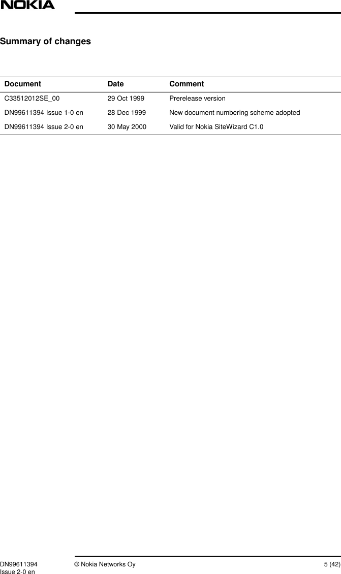 DN99611394 © Nokia Networks Oy 5 (42)Issue 2-0 enSummary of changesDocument Date CommentC33512012SE_00 29 Oct 1999 Prerelease versionDN99611394 Issue 1-0 en 28 Dec 1999 New document numbering scheme adoptedDN99611394 Issue 2-0 en 30 May 2000 Valid for Nokia SiteWizard C1.0