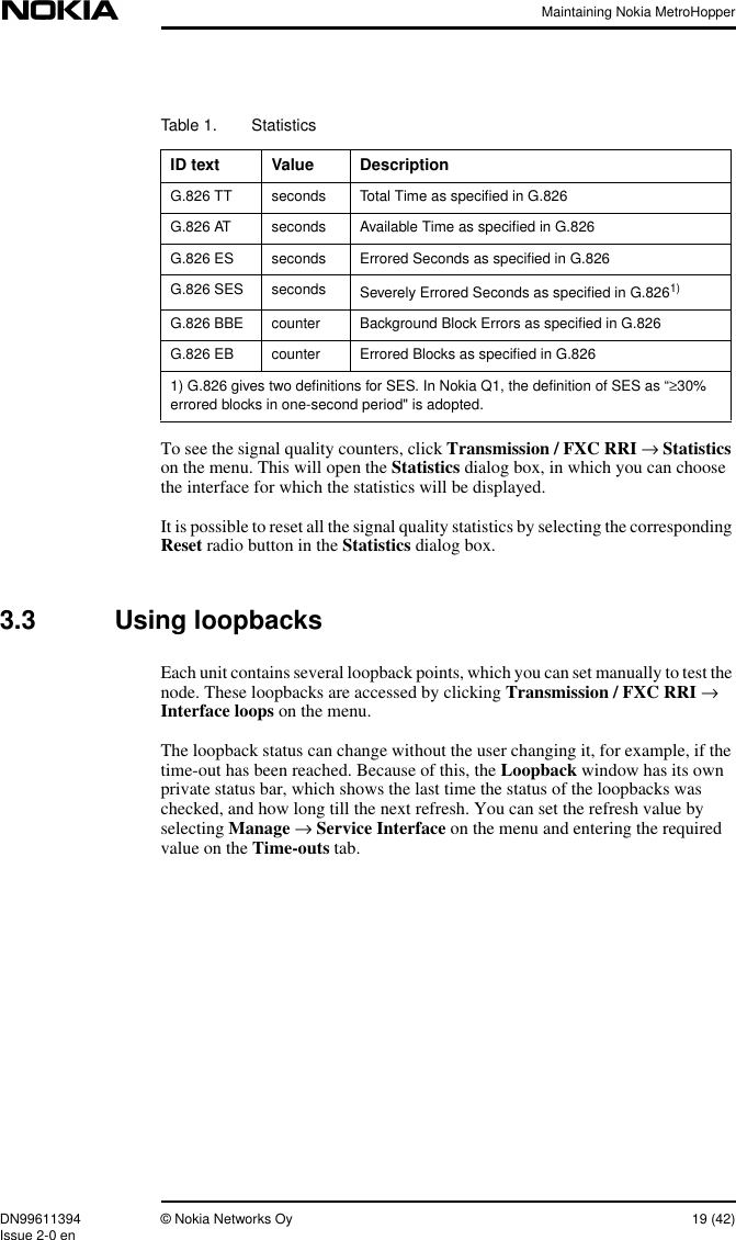 Maintaining Nokia MetroHopperDN99611394 © Nokia Networks Oy 19 (42)Issue 2-0 enTo see the signal quality counters, click Transmission / FXC RRI →Statisticson the menu. This will open the Statistics dialog box, in which you can choosethe interface for which the statistics will be displayed.It is possible to reset all the signal quality statistics by selecting the correspondingReset radio button in the Statistics dialog box.3.3 Using loopbacksEach unit contains several loopback points, which you can set manually to test thenode. These loopbacks are accessed by clicking Transmission / FXC RRI →Interface loops on the menu.The loopback status can change without the user changing it, for example, if thetime-out has been reached. Because of this, the Loopback window has its ownprivate status bar, which shows the last time the status of the loopbacks waschecked, and how long till the next refresh. You can set the refresh value byselecting Manage →Service Interface on the menu and entering the requiredvalue on the Time-outs tab.Table 1. StatisticsID text Value DescriptionG.826 TT seconds Total Time as speciﬁed in G.826G.826 AT seconds Available Time as speciﬁed in G.826G.826 ES seconds Errored Seconds as speciﬁed in G.826G.826 SES seconds Severely Errored Seconds as speciﬁed in G.8261)G.826 BBE counter Background Block Errors as speciﬁed in G.826G.826 EB counter Errored Blocks as speciﬁed in G.8261) G.826 gives two deﬁnitions for SES. In Nokia Q1, the deﬁnition of SES as “≥30%errored blocks in one-second period&quot; is adopted.