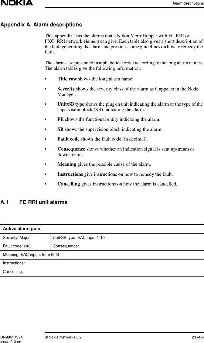 Alarm descriptionsDN99611394 © Nokia Networks Oy 23 (42)Issue 2-0 enAppendix A. Alarm descriptionsThis appendix lists the alarms that a Nokia MetroHopper with FC RRI orFXC RRI network element can give. Each table also gives a short description ofthe fault generating the alarm and provides some guidelines on how to remedy thefault.The alarms are presented in alphabetical order according to the long alarm names.The alarm tables give the following information:•Title row shows the long alarm name.•Severity shows the severity class of the alarm as it appears in the NodeManager.•Unit/SB type shows the plug-in unit indicating the alarm or the type of thesupervision block (SB) indicating the alarm.•FE shows the functional entity indicating the alarm.•SB shows the supervision block indicating the alarm.•Fault code shows the fault code (in decimal).•Consequence shows whether an indication signal is sent upstream ordownstream.•Meaning gives the possible cause of the alarm.•Instructions give instructions on how to remedy the fault.•Cancelling gives instructions on how the alarm is cancelled.A.1 FC RRI unit alarmsActive alarm pointSeverity: Major Unit/SB type: EAC input 1-10Fault code: 240 Consequence:Meaning: EAC inputs from BTSInstructions:Cancelling: