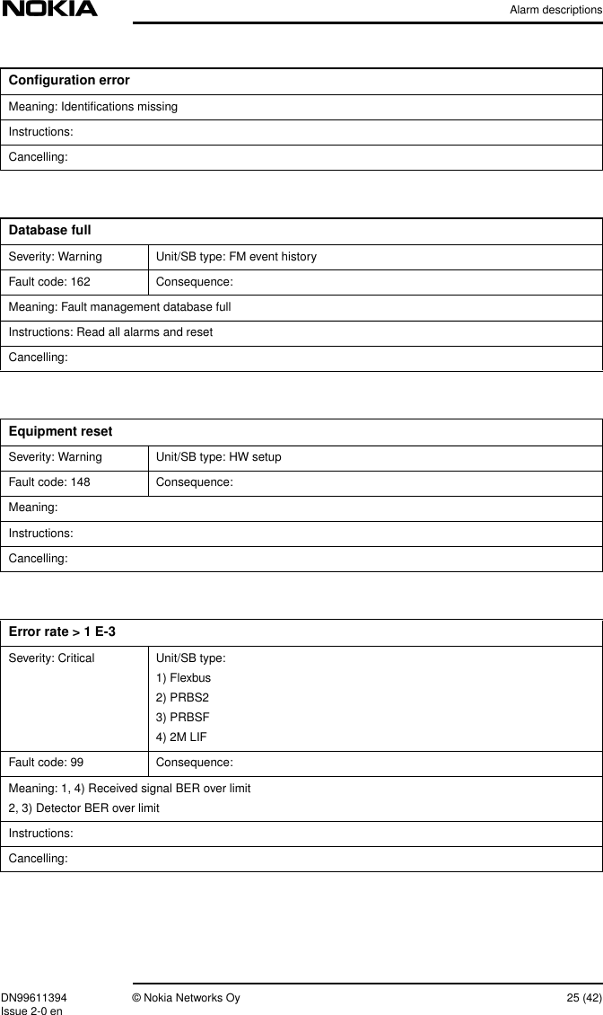 Alarm descriptionsDN99611394 © Nokia Networks Oy 25 (42)Issue 2-0 enMeaning: Identiﬁcations missingInstructions:Cancelling:Conﬁguration errorDatabase fullSeverity: Warning Unit/SB type: FM event historyFault code: 162 Consequence:Meaning: Fault management database fullInstructions: Read all alarms and resetCancelling:Equipment resetSeverity: Warning Unit/SB type: HW setupFault code: 148 Consequence:Meaning:Instructions:Cancelling:Error rate &gt; 1 E-3Severity: Critical Unit/SB type:1) Flexbus2) PRBS23) PRBSF4) 2M LIFFault code: 99 Consequence:Meaning: 1, 4) Received signal BER over limit2, 3) Detector BER over limitInstructions:Cancelling: