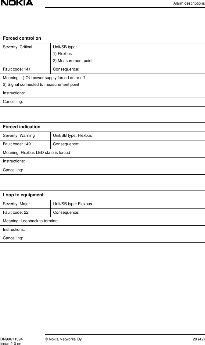 Alarm descriptionsDN99611394 © Nokia Networks Oy 29 (42)Issue 2-0 enForced control onSeverity: Critical Unit/SB type:1) Flexbus2) Measurement pointFault code: 141 Consequence:Meaning: 1) OU power supply forced on or off2) Signal connected to measurement pointInstructions:Cancelling:Forced indicationSeverity: Warning Unit/SB type: FlexbusFault code: 149 Consequence:Meaning: Flexbus LED state is forcedInstructions:Cancelling:Loop to equipmentSeverity: Major Unit/SB type: FlexbusFault code: 22 Consequence:Meaning: Loopback to terminalInstructions:Cancelling: