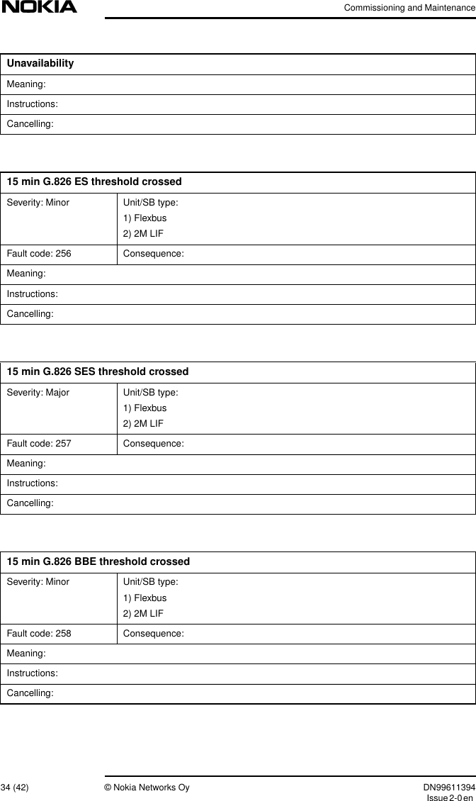 Commissioning and Maintenance34 (42) © Nokia Networks Oy DN99611394Issue2-0enMeaning:Instructions:Cancelling:Unavailability15 min G.826 ES threshold crossedSeverity: Minor Unit/SB type:1) Flexbus2) 2M LIFFault code: 256 Consequence:Meaning:Instructions:Cancelling:15 min G.826 SES threshold crossedSeverity: Major Unit/SB type:1) Flexbus2) 2M LIFFault code: 257 Consequence:Meaning:Instructions:Cancelling:15 min G.826 BBE threshold crossedSeverity: Minor Unit/SB type:1) Flexbus2) 2M LIFFault code: 258 Consequence:Meaning:Instructions:Cancelling: